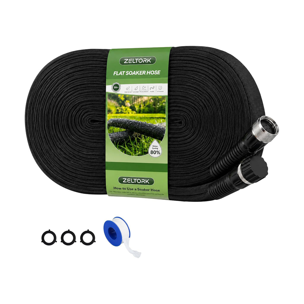 Flat Soaker Hose 50FT for Garden | Anodized Aluminum Connectors, Linkable DIY Drip Hose, Leakproof Double Layer