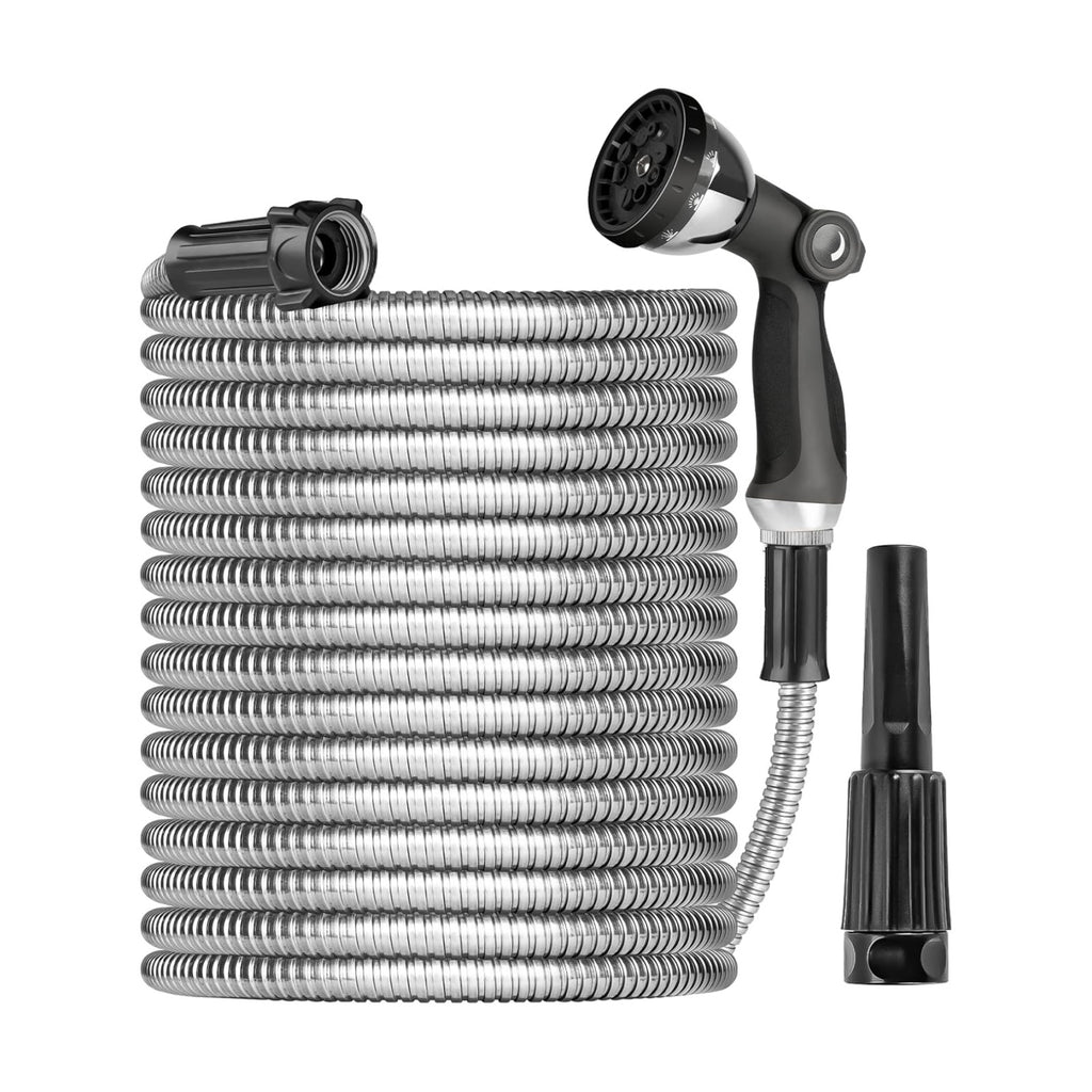 Metal Garden Hose Water Hose 100ft Heavy Duty Stainless Steel Water Pipe with Sprayer & Nozzle Flexible Lightweight