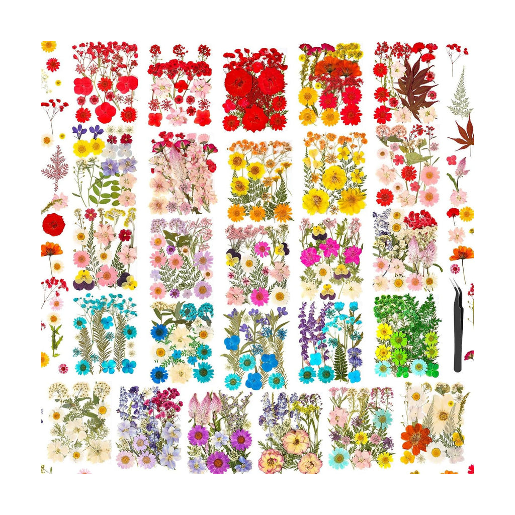 470 PCS Pressed Flowers for Crafts, Real Natural Dry Flowers with Tweezers Dried Pressed Flowers Dry Leaves Bulk for Resin, Scrapbook, Jewelry, Card, Candle & Soap Making
