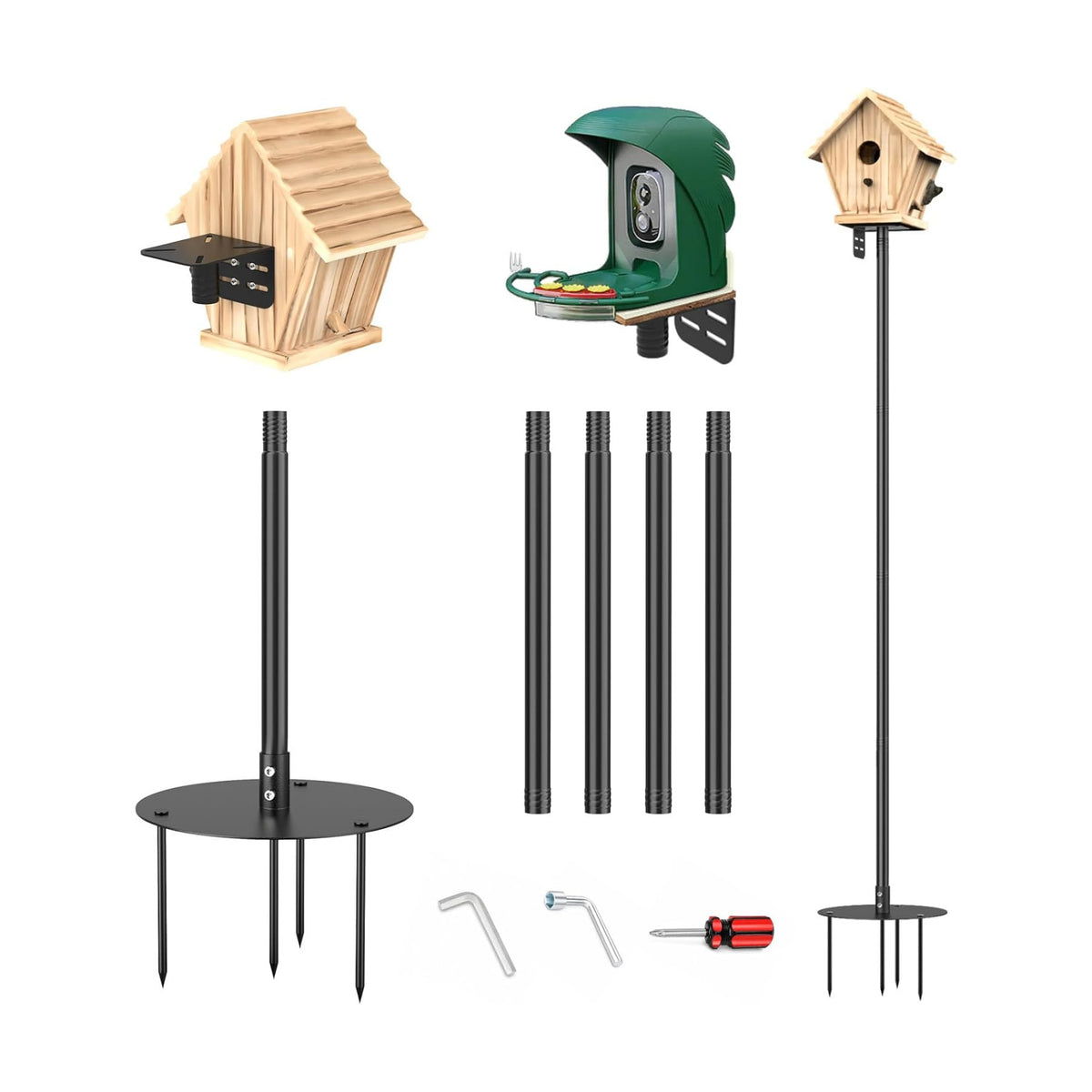 Bird Feeder Pole 85 Inch, Heavy Duty Adjustable Bird House Pole Mount Kit, Universal Top and Side Mount for Smart Bird Feeders, Bird Houses, Seed Trays and Weather Stations with 4-Stake Stable Base