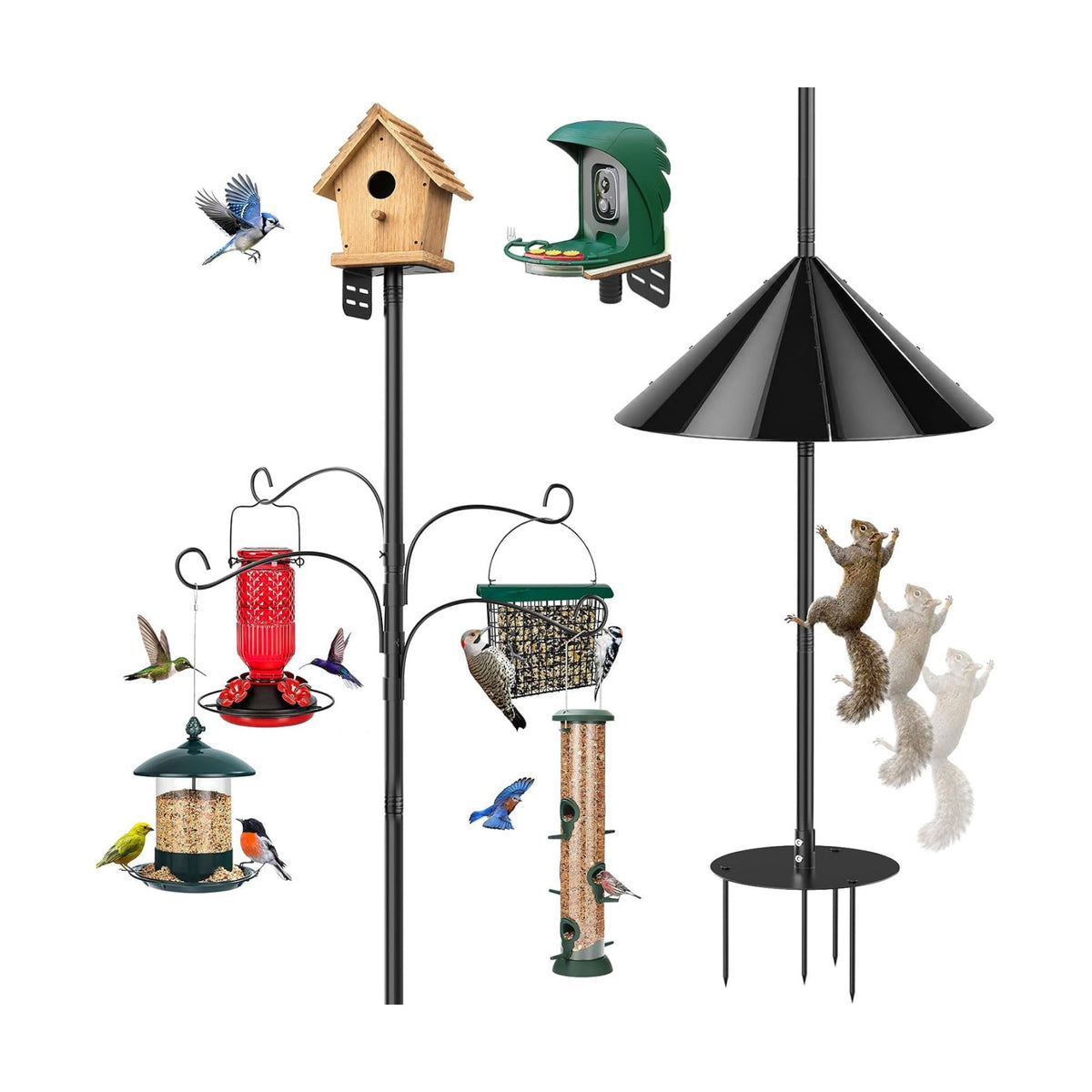 Bird Feeder Pole 100 Inch with Squirrel Baffle and 4 Feeder Hooks Heavy Duty Adjustable Bird House Pole with Top and Side Mount for Smart Feeders, Bluebird Houses, Yard and Garden