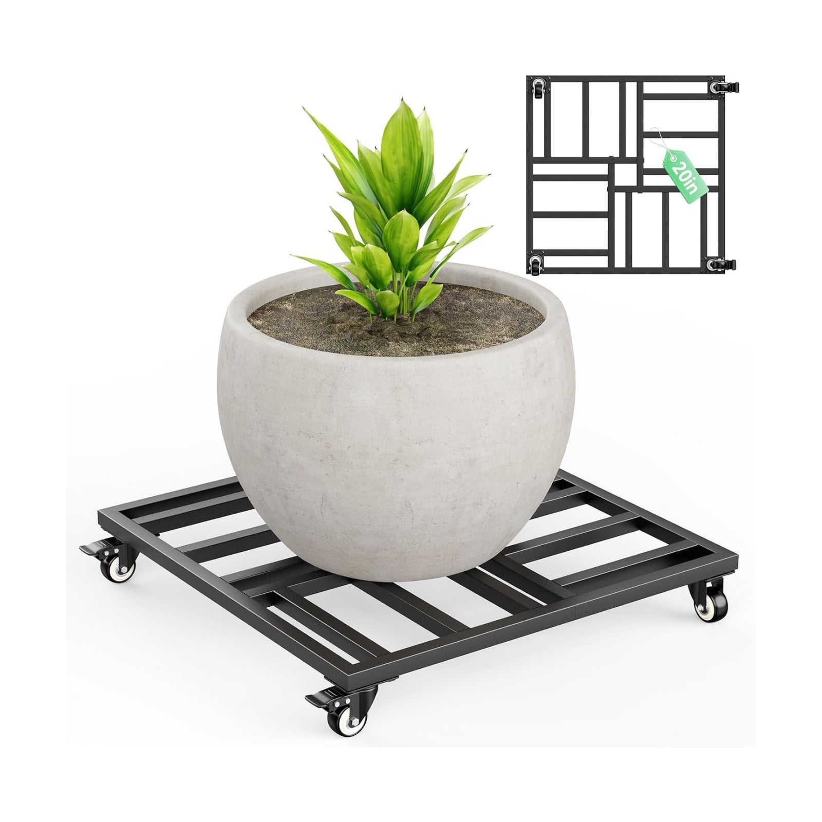 20" Plant Caddy with Wheels, Rolling Metal Plant Stand Holds up to 600 lbs, Square Plant Dolly with Lockable Caster