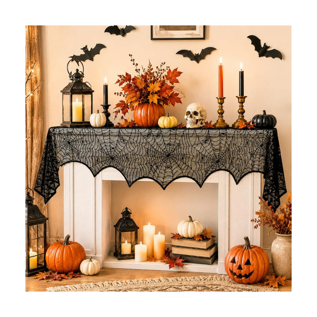 Halloween Fireplace Mantel Scarf,Lace Spiderweb Mantel,18 x 96 Inch