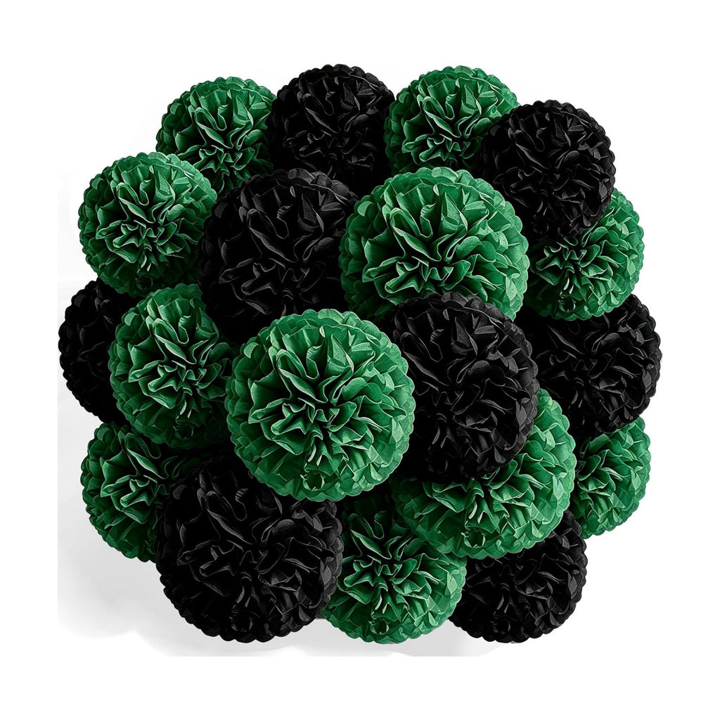 Recosis Black Green Party Decorations, 18 Pcs Paper Pom Poms Decorations