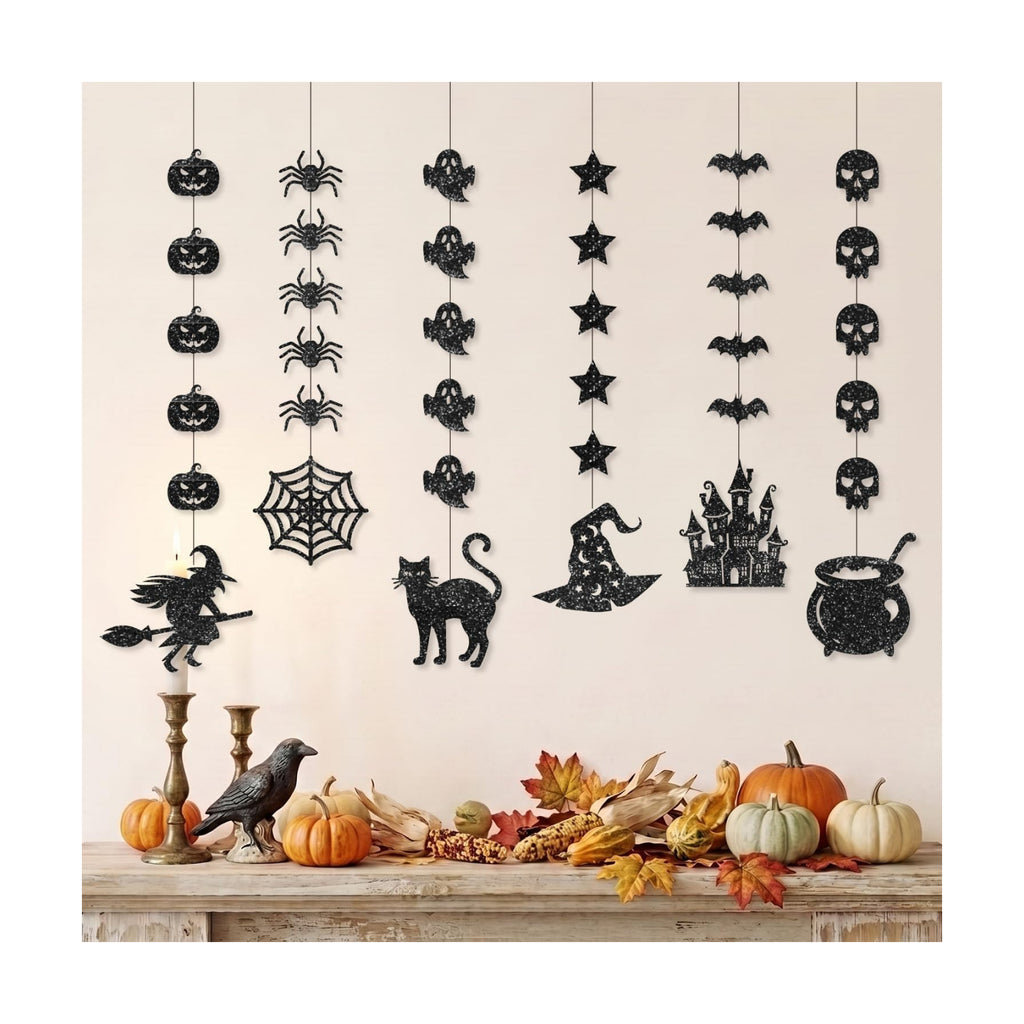 6Pcs Black Glitter Halloween Hanging Banner Halloween Decorations