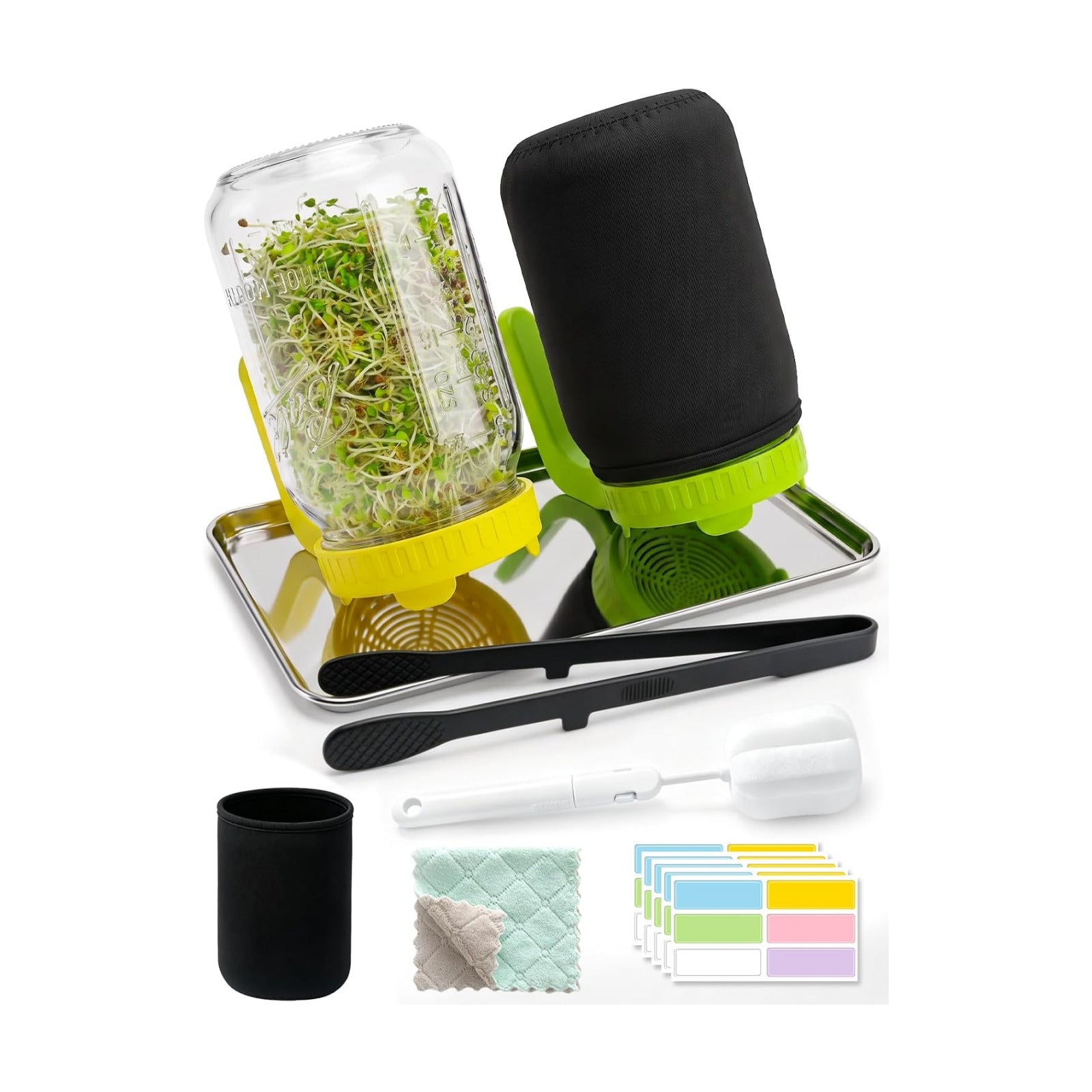 Sprouting Jar Kit,Broccoli Sprouts Growing Kit 2 Pack, 32oz | 304 Steel Sprouting Tray,Silicone Tongs,Blackout