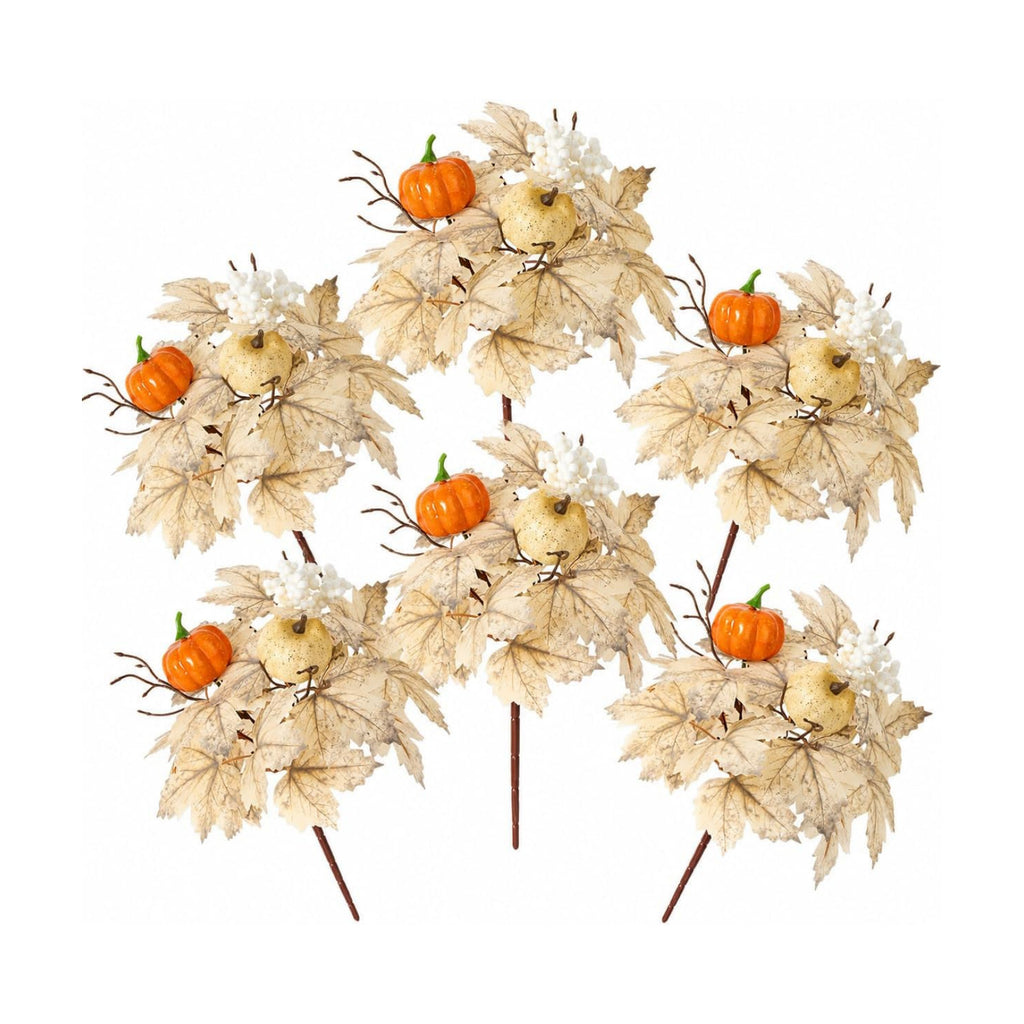 6 Pcs Fall Pumpkin Floral Picks, Artificial Maple Leaf Berry Stems, Thanksgiving Wreath Centerpiece Vase DIY Decorations