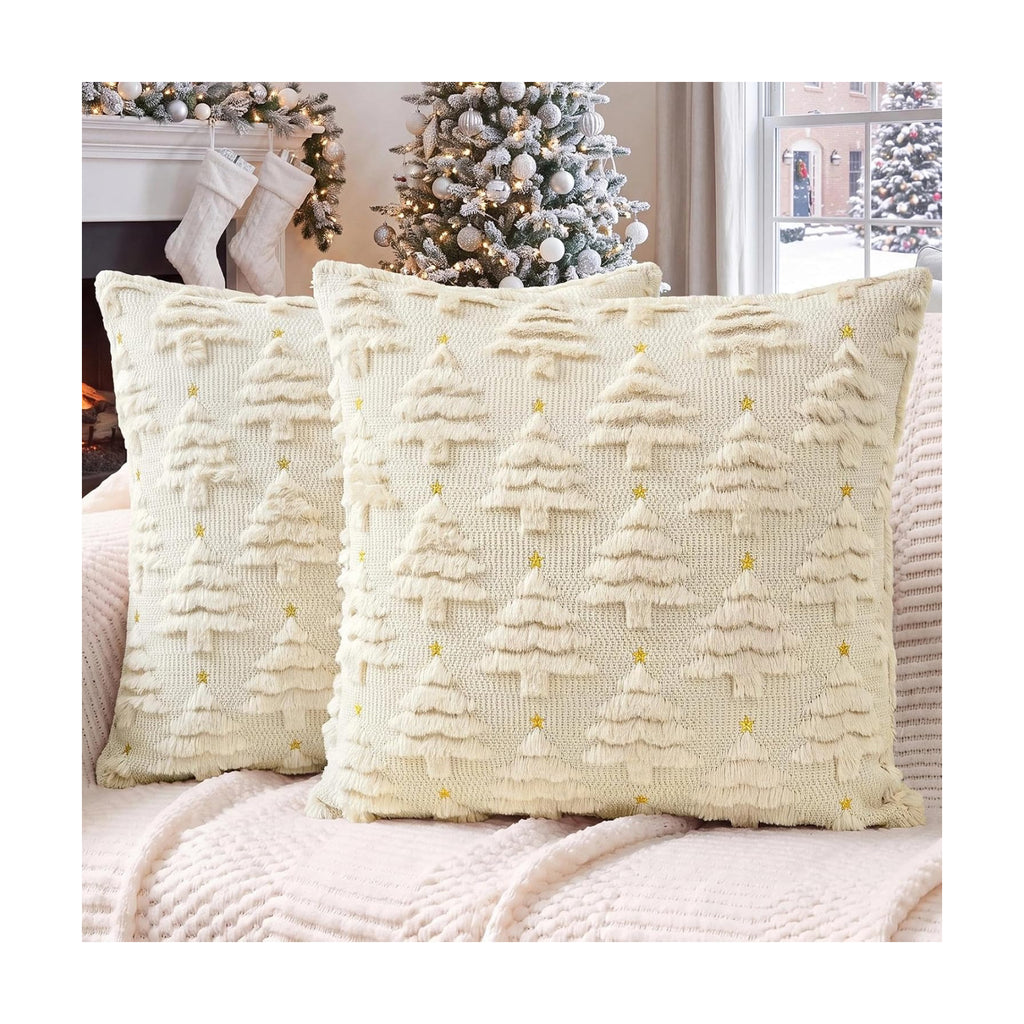 Softalker Christmas Pillow Covers 16x16 Set of 2, Beige Xmas Tree Decor