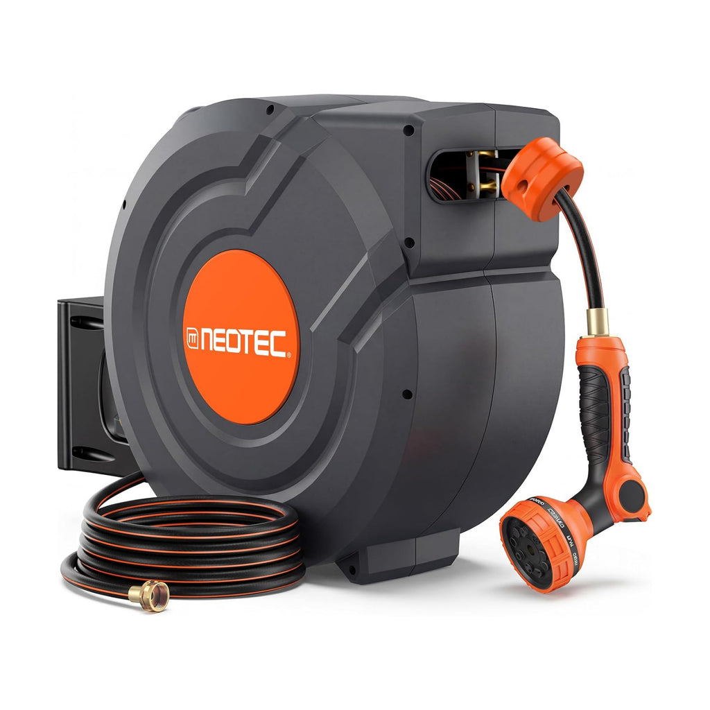 Upgraded Retractable Garden Hose Reel 5/8 inch x 100 ft Wall-Mounted 9 Pattern Nozzle Any Length Lock Automatic Slow