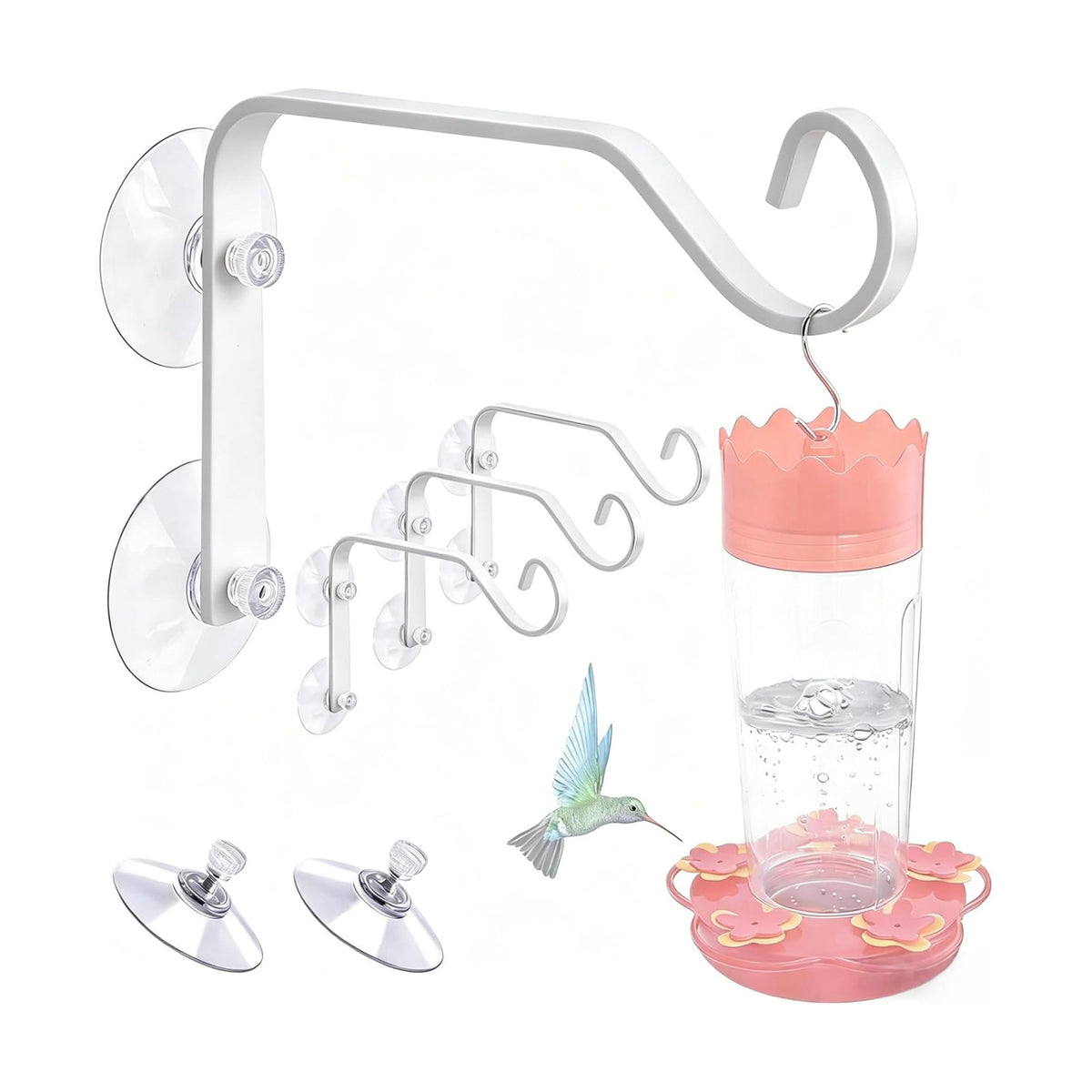 4 Pcs Heavy-Duty Window Suction Cup with Hanger, Window Mounted Wildlife, Hummingbird, Bird Feeders, Decorative Birdhouses, Wind Chimes & Plants, Strong Load-Bearing Hanging Hook（White）