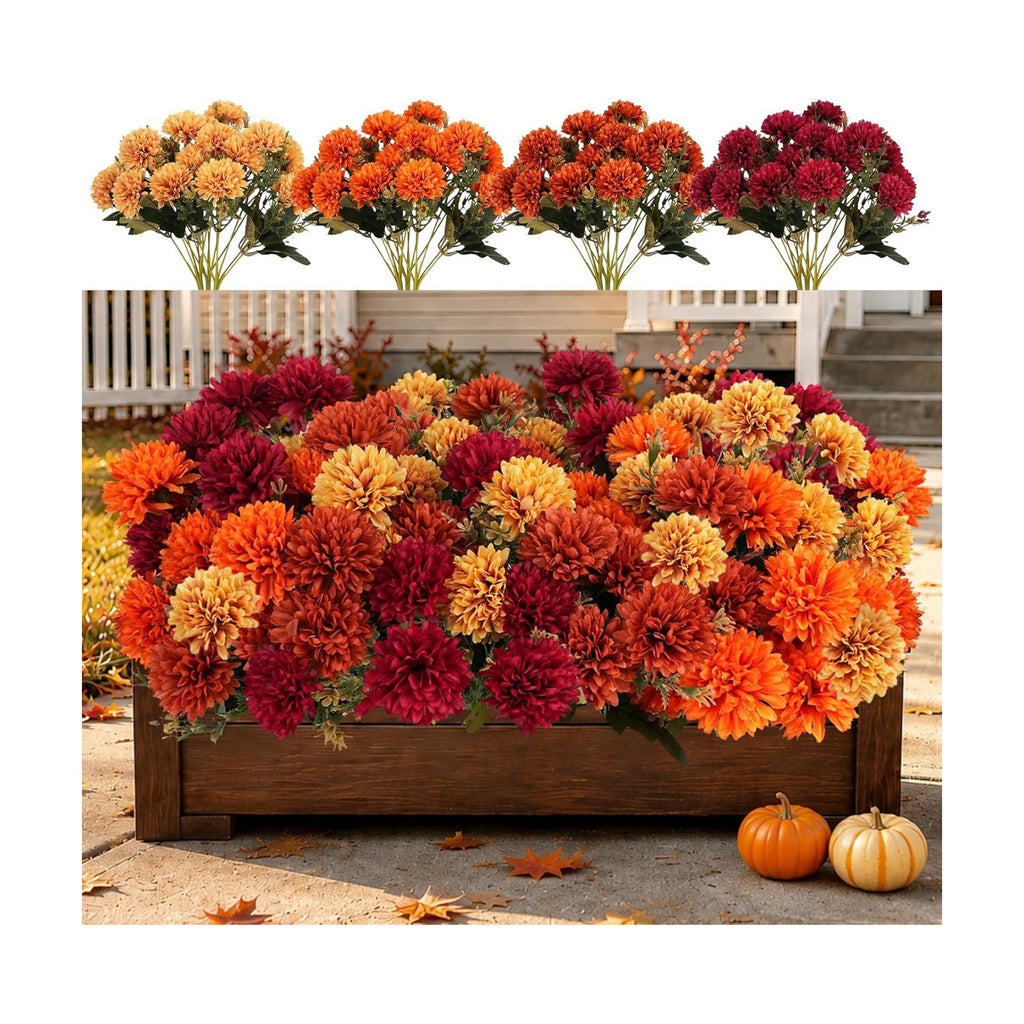 12 PCS Artificial Fall Flowers for Outdoors, UV Resistant Fake Mums