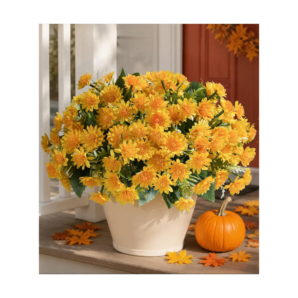 Artificial Fall Mum Flowers for Outdoor, Faux Chrysanthemum Bushes UV Resistant, Waterproof Floral Arrangements, Fake Autumn Daisy Flowers for Front Door Patio Garden Yard Planter Home Decor, Yellow