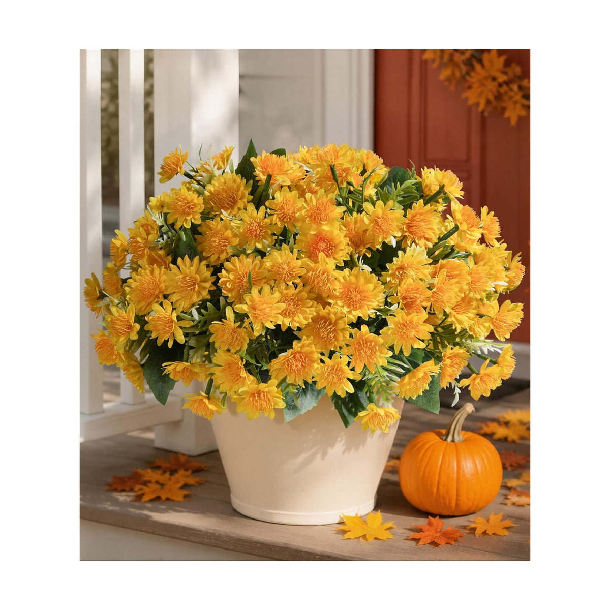 Artificial Fall Mum Flowers for Outdoor, Faux Chrysanthemum Bushes UV Resistant, Waterproof Floral Arrangements, Fake Autumn Daisy Flowers for Front Door Patio Garden Yard Planter Home Decor, Yellow