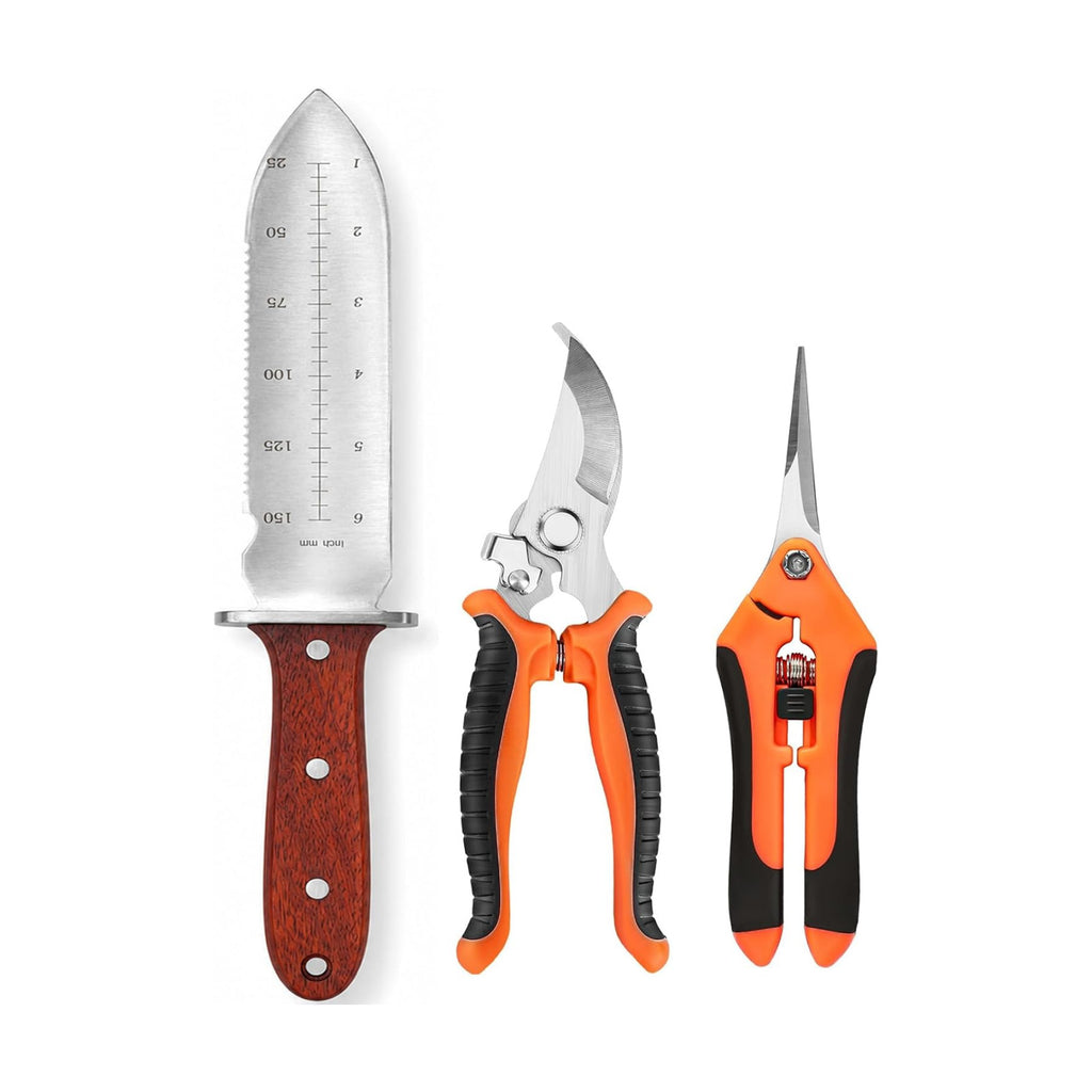 Puctsone 3PCS Gardening Knife Set, Garden Weeding Tool | Hori Hori Knife with Sheath, Bypass Pruning Shears & Long Nose