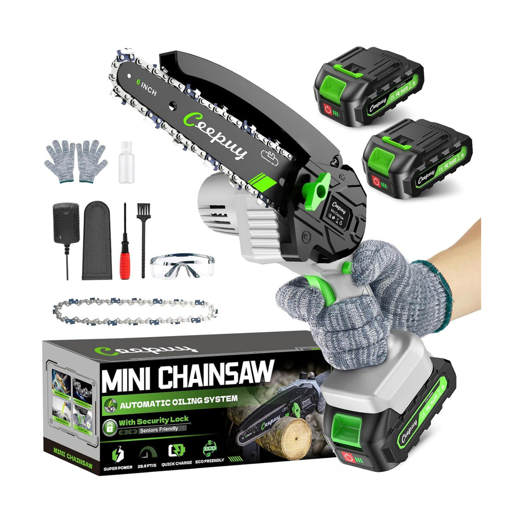 CEEPUY Mini Chainsaw, 6 Inch Portable Electric Chainsaw with 2 Batterys/Automatic Oiler/Security Lock/Powered Small
