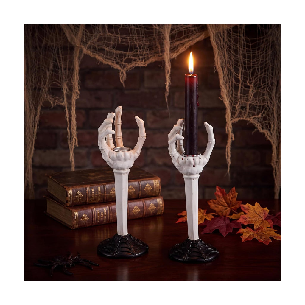Qinyoung 2 Set Halloween Skull Taper Candle Holders, Black Resin Gothic