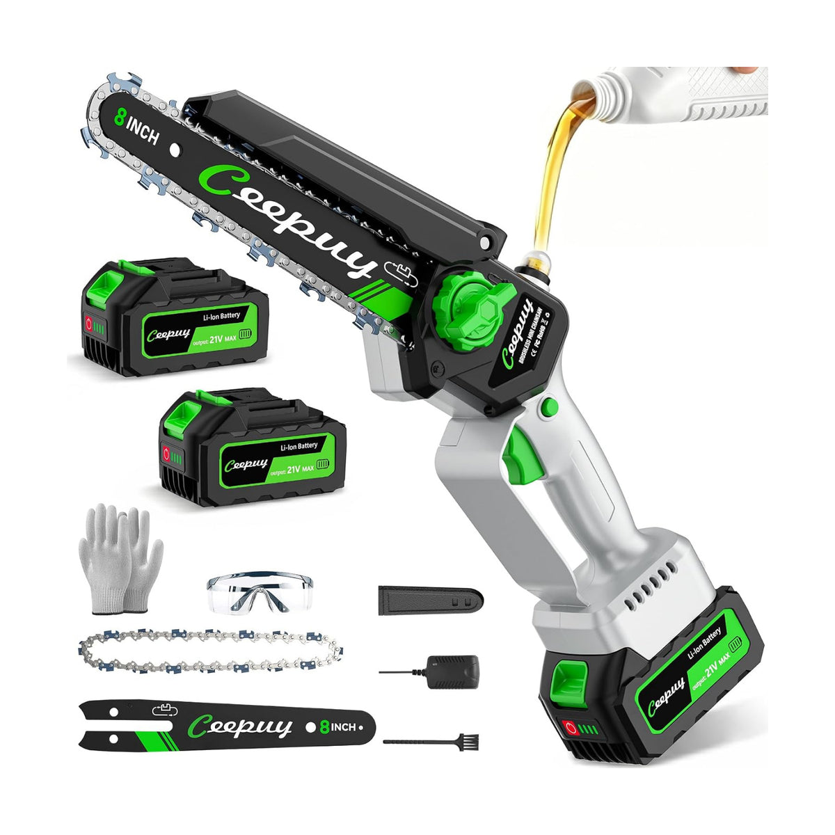CEEPUY 8 Inch Brushless Mini Chainsaw with 2×4000mAh Batteries, Battery Powered Handheld Electric Chainsaw with