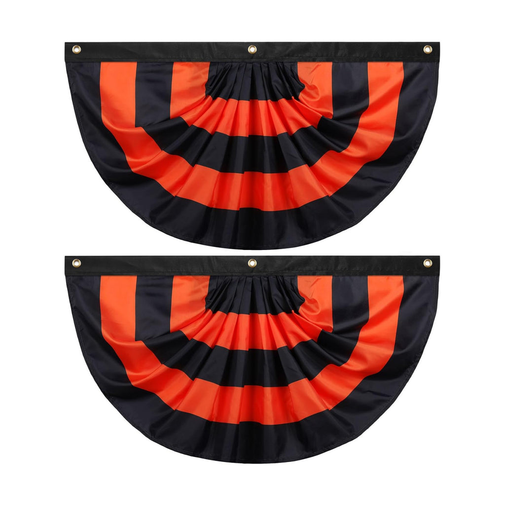 Newwiee 2 Pcs 3 x 1.5 ft Halloween Flag Bunting Half Fan Hanging Pleated Flag Banner with 3 Grommets for Halloween Indoor Outdoor House Party Holiday Yard Decorations Props, Black Orange