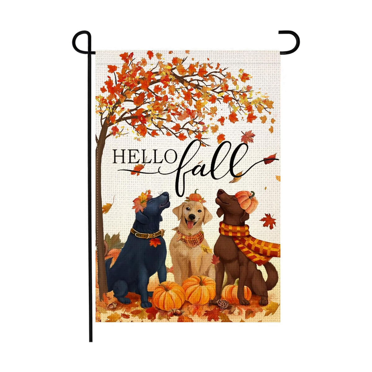 LosFong Hello Fall Dogs Garden Flag 12x18 Inch Double Sided Burlap Autumn Maple Leaves Pumpkin Farmhouse Small Yard Flag for Outside Decoration (Fall)