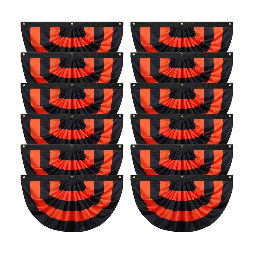 Newwiee 12 Pcs 3 x 1.5 ft Halloween Flag Bunting Half Fan Hanging Pleated Flag Banner with 3 Grommets for Halloween Indoor Outdoor House Party Holiday Yard Decorations Props, Black Orange