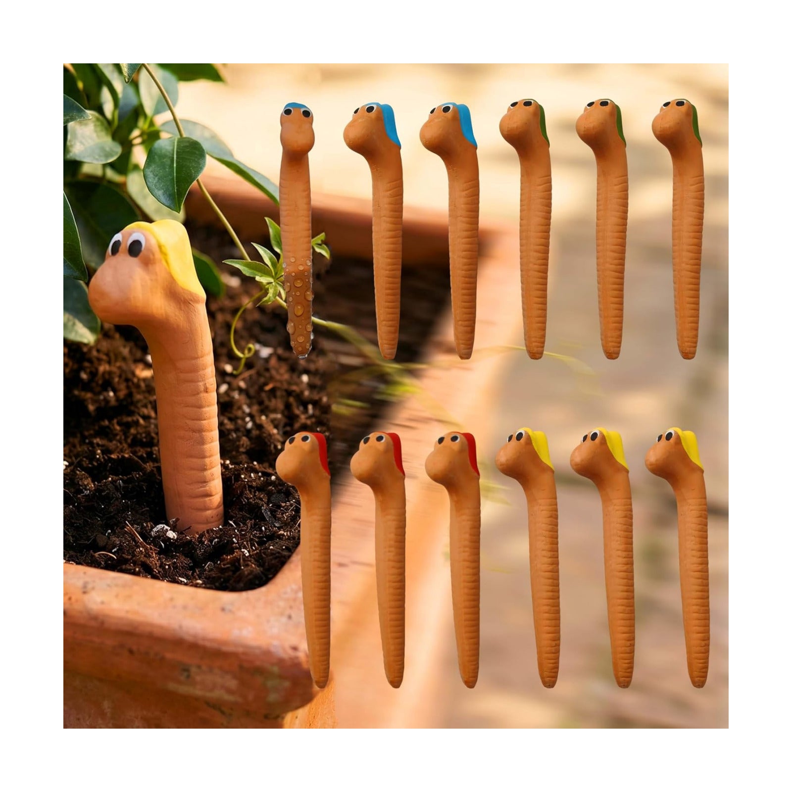 Set of 12 Cute Worms Plant Water Meter, Soil Moisture Indicator | Handmade Clay, Plant Water Meter, Soil Moisture