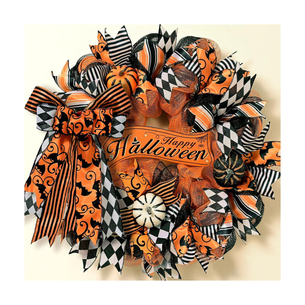 Halloween Wreaths for Front Door, Halloween Wreath with Ribbon Bow