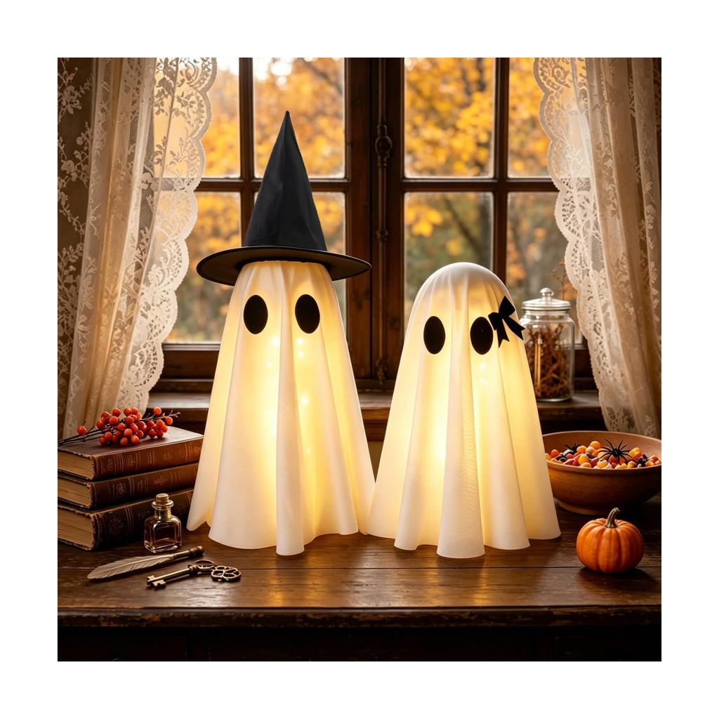 Halloween Decorations Indoor,Set of 2 Light-Up Ghosts Decor with Witch Hats