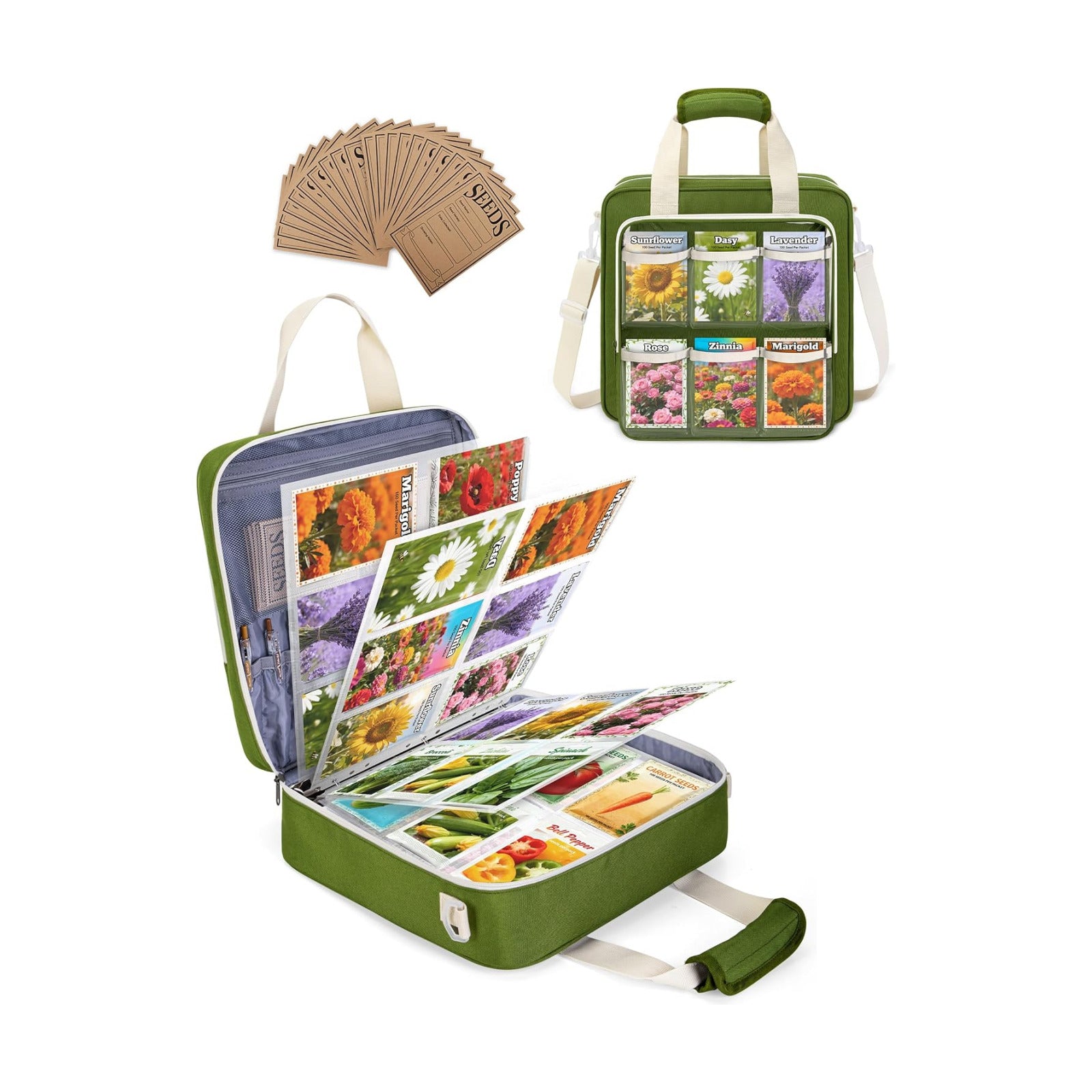 Seed Storage Organizer Binder, Seed Packet Organizer Bag, Green | 20 Paper Seed Envelopes, 25 Pack of Sheet Protectors