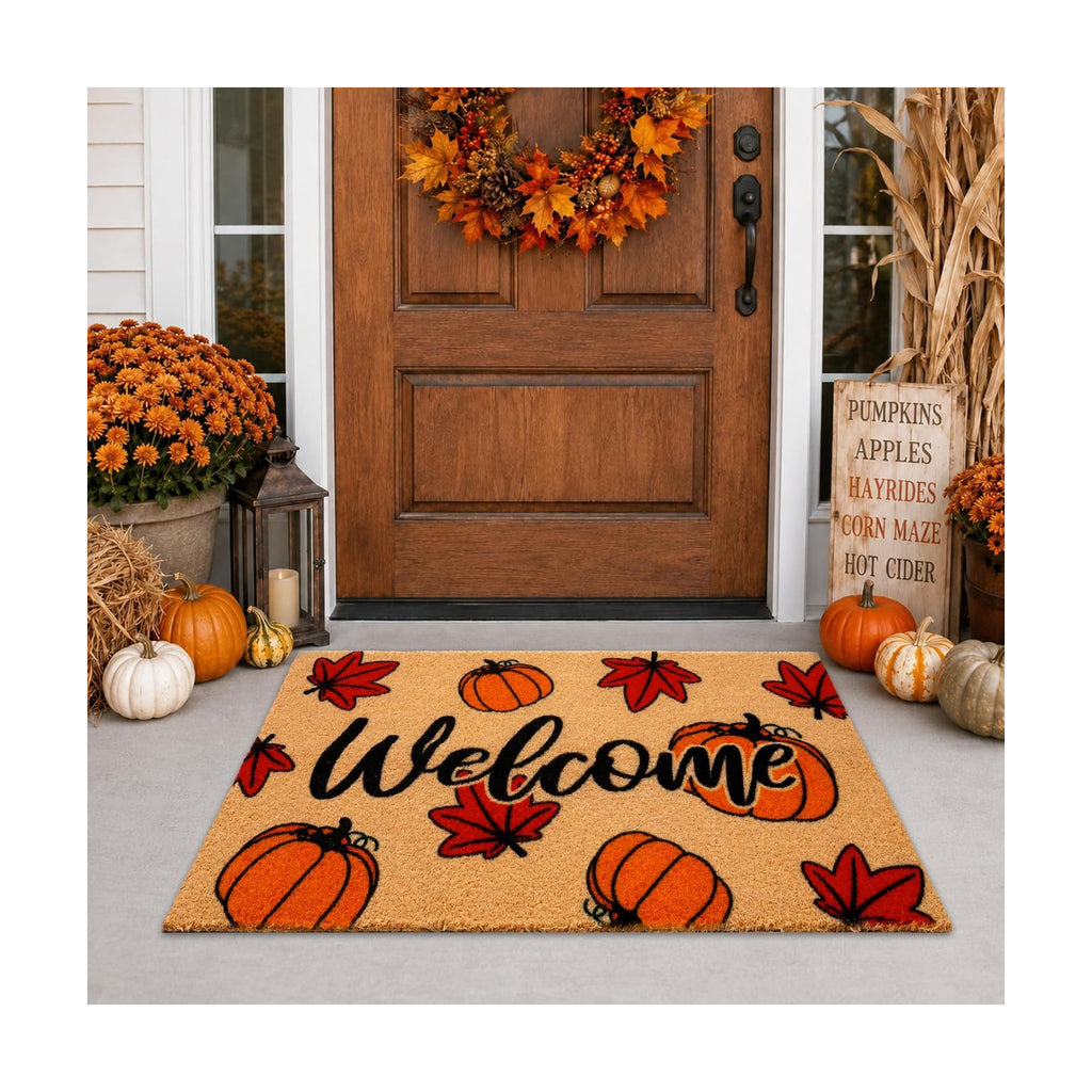 Fall Maple Leaf Welcome Door Mat-Maple Pumpkin Fall Outdoor Coir Doormat