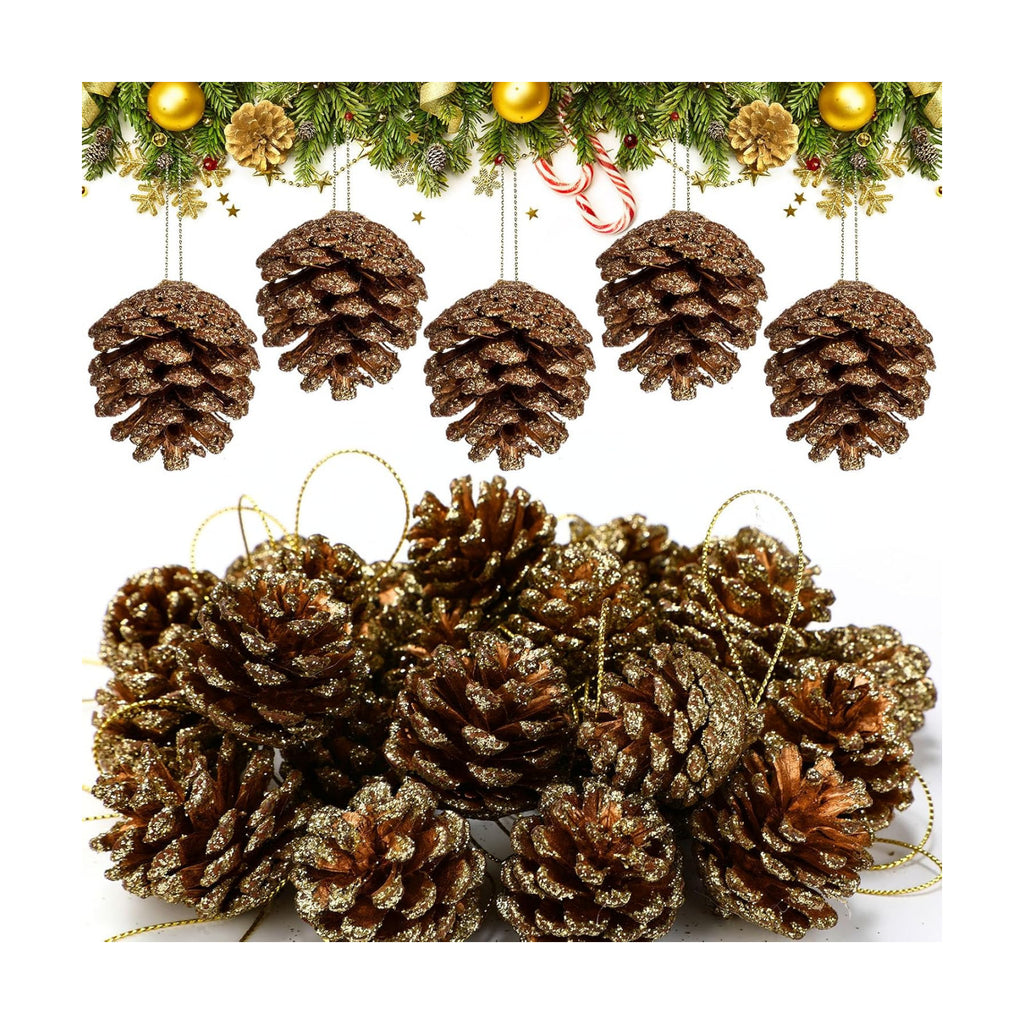 24 Pcs Gold Glitter Pine Cones Ornament for Christmas Tree Hanging Decor