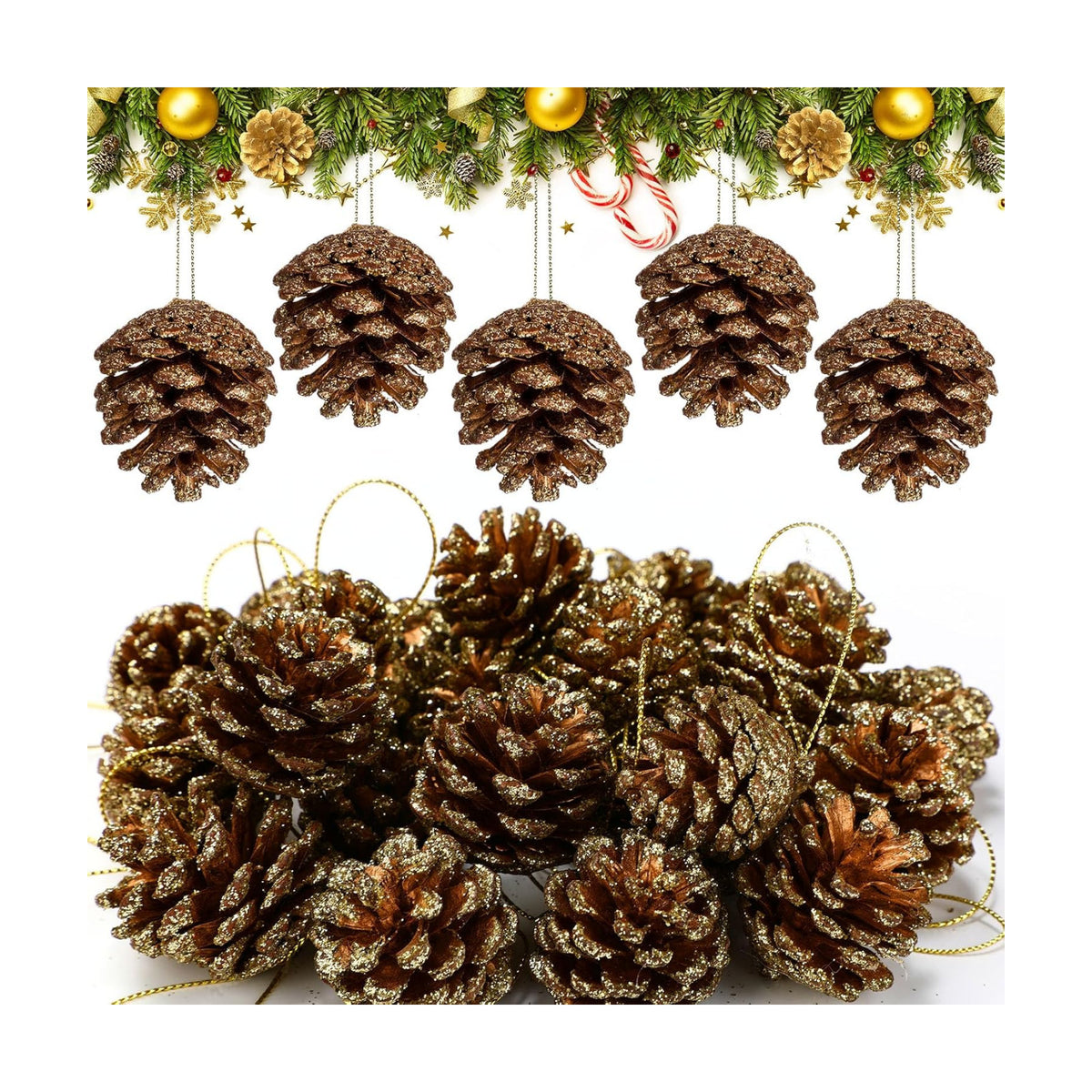 24 Pcs Gold Glitter Pine Cones Ornament for Christmas Tree Hanging Decor