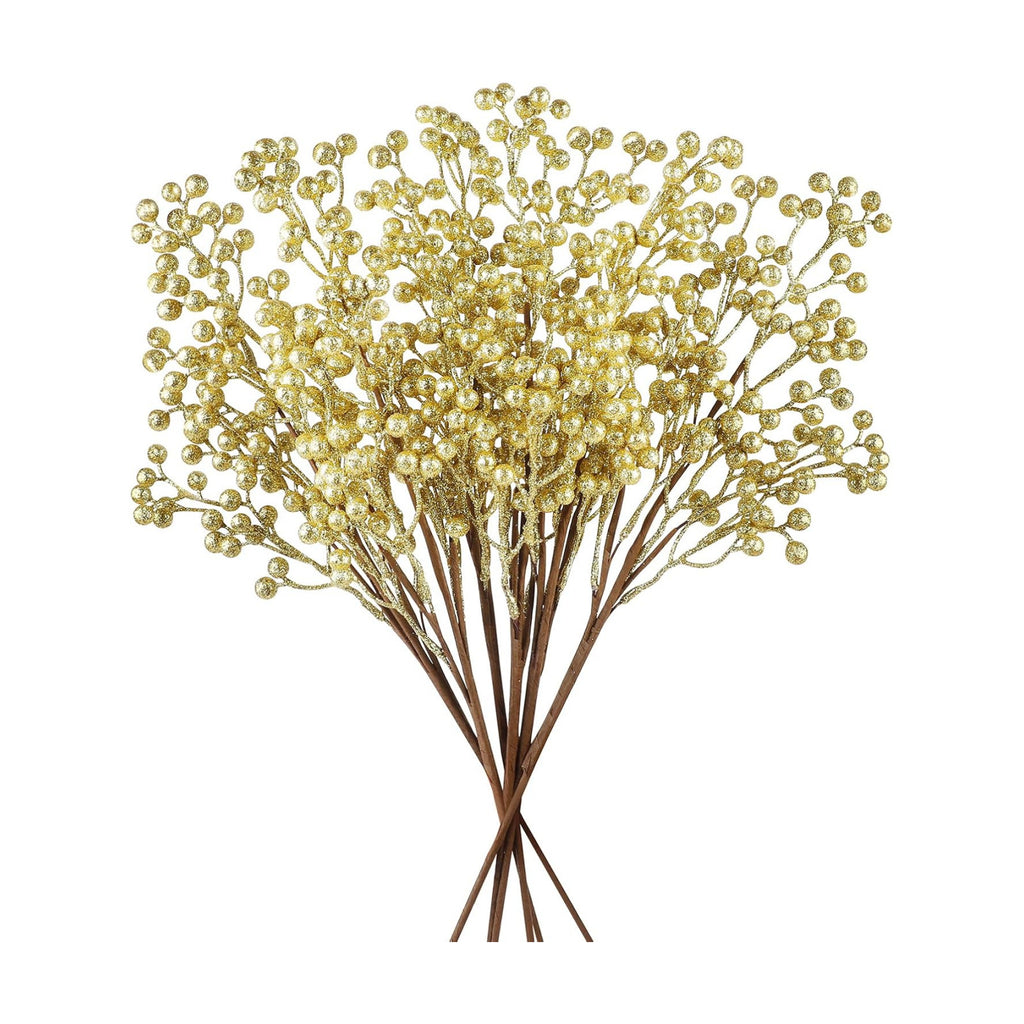 Fangoo Artificial Red Berry Stems, 6 PCS, 19.7 Inch, Burgundy Holly Berry Picks Branches for Christmas Tree, Wedding, Holiday Winter Decor (Gold)