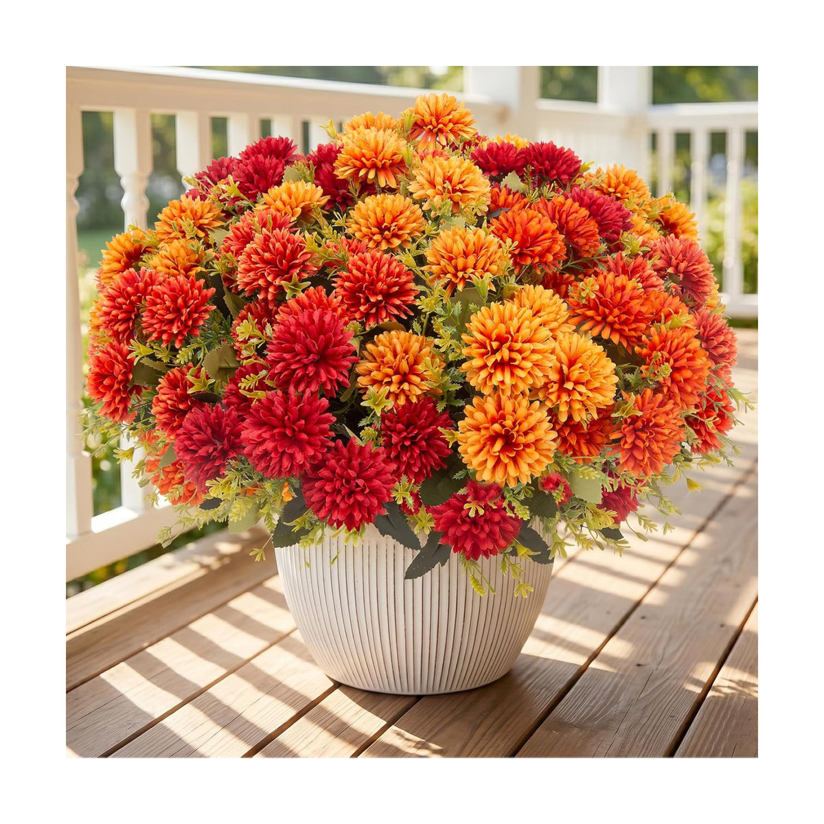 24 Pcs Artificial Mums Flowers for Outdoor, UV Resistant Fake fall Chrysanthemums Marigold Plant, Autumn Floral Arrangements for Outside, Garden, Yard (24, Orange, Burnt Orange, Red, Burgundy)