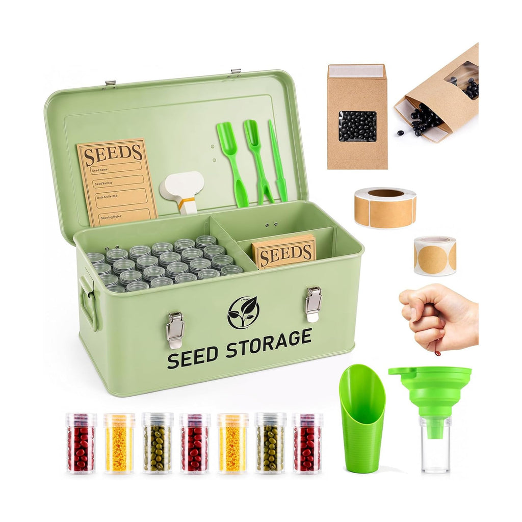 60 Slots Metal Seed Organizer with 3 Compartment Lid & Safety Locks | Seed Storage with 20 Windowed Seed Envelopes