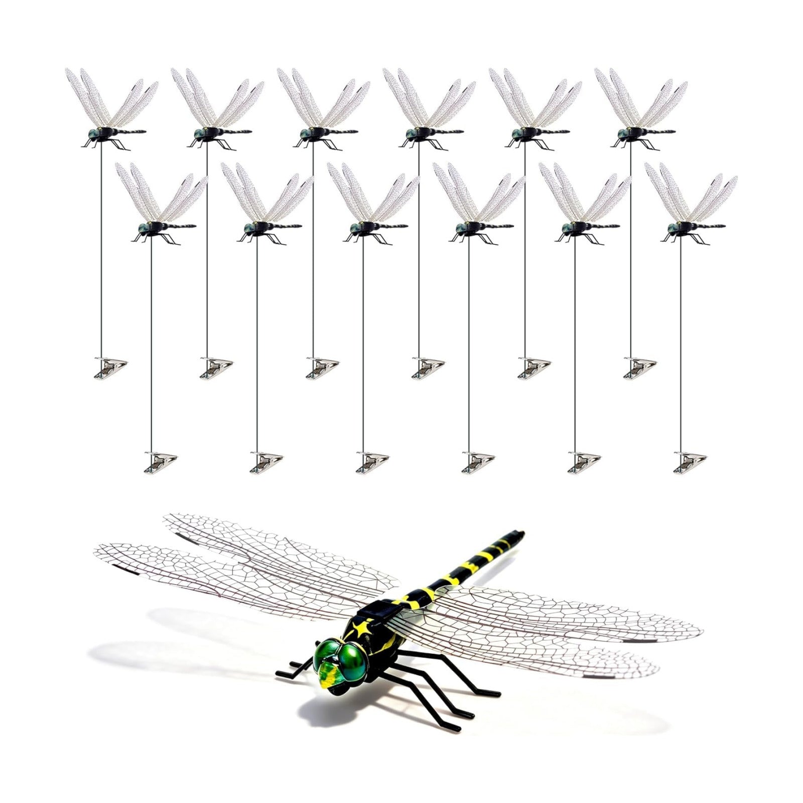 12 Pack 3D Dragonfly Clips, Fake Dragonflies with Stakes, Realistic Plastic Dragonfly Garden Decorations, Fly Deterrent