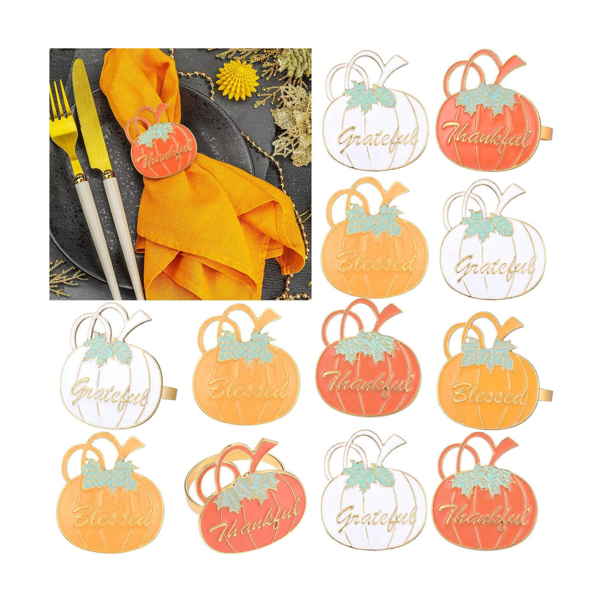 WILLBOND 12 Pcs Fall Thanksgiving Pumpkin Napkin Rings, Orange Yellow Beige