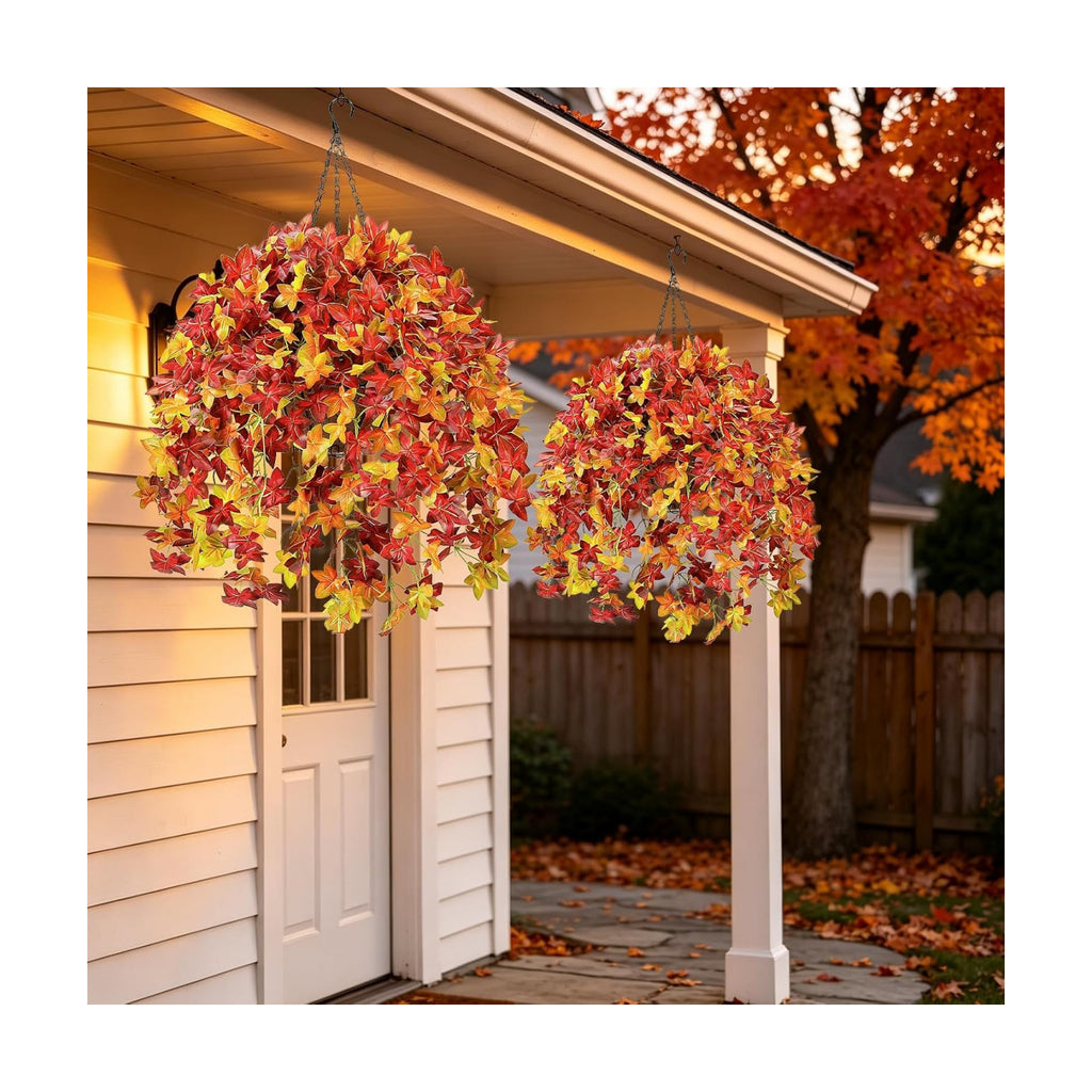 2Set Artificial Fall Hanging Baskets Outdoor Fall Porch Decor Orange