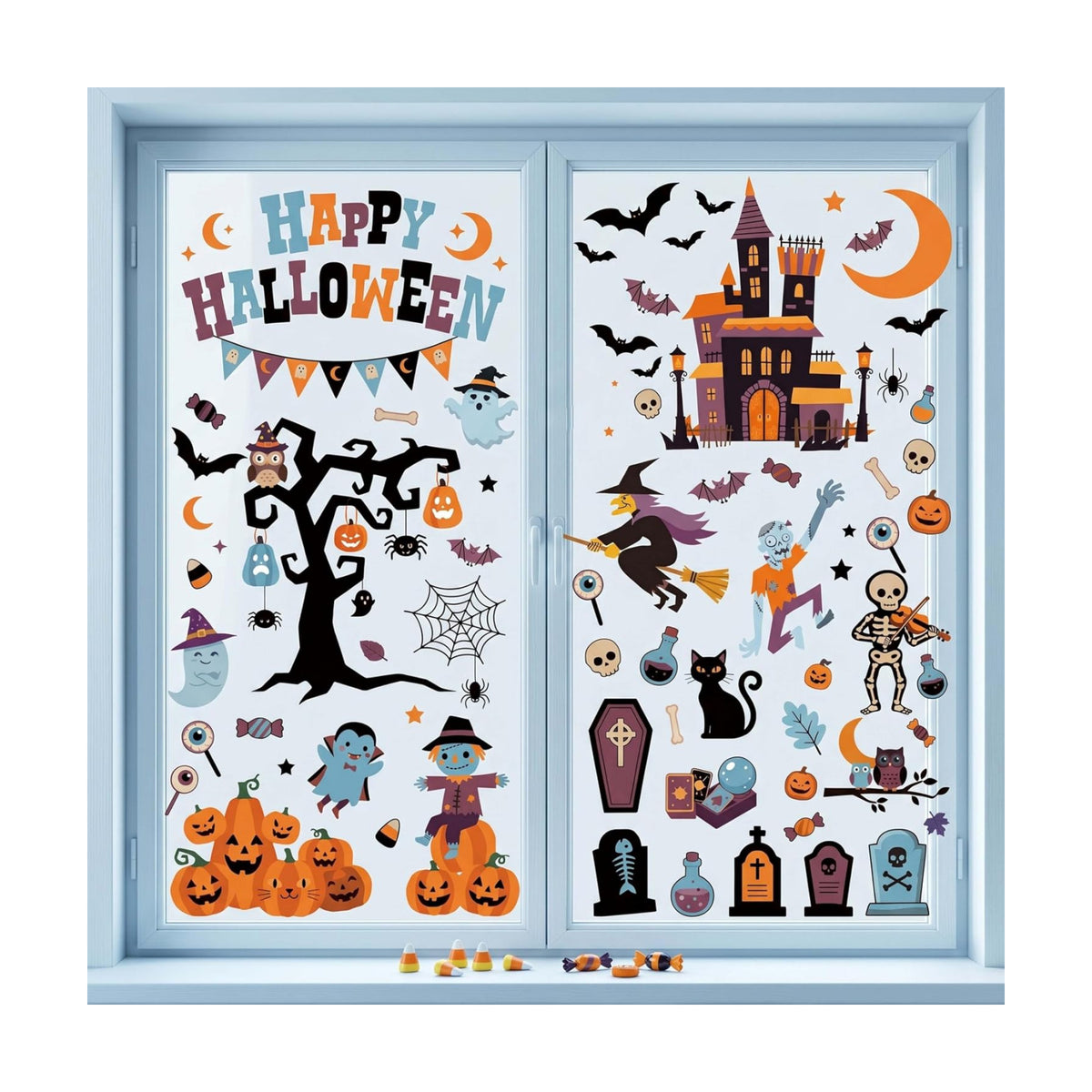 Halloween Window Clings Decorations Indoor, Reusable Static Stickers Decals for Glass Door Home Kids Party Decor