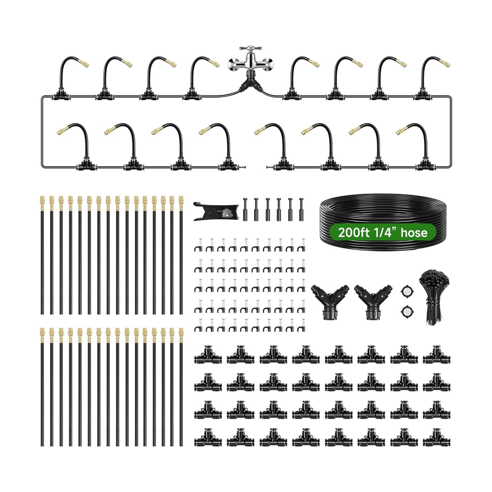 200FT 1/4" Drip Irrigation System, Garden Watering System Kit | with 32 Adjustable Copper Misting Nozzles fit for