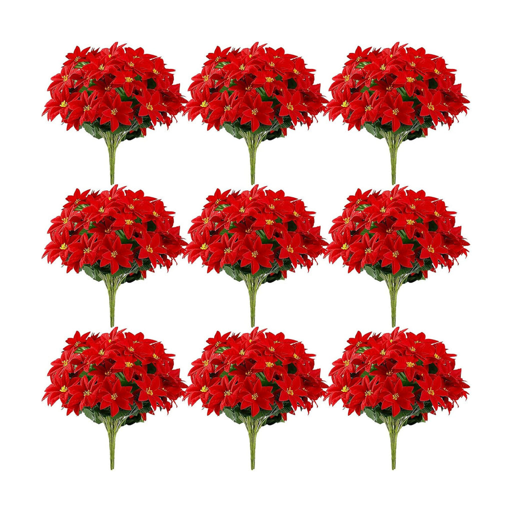 9 Pack Christmas Artificial Poinsettia Flowers 7 Heads Red Flower