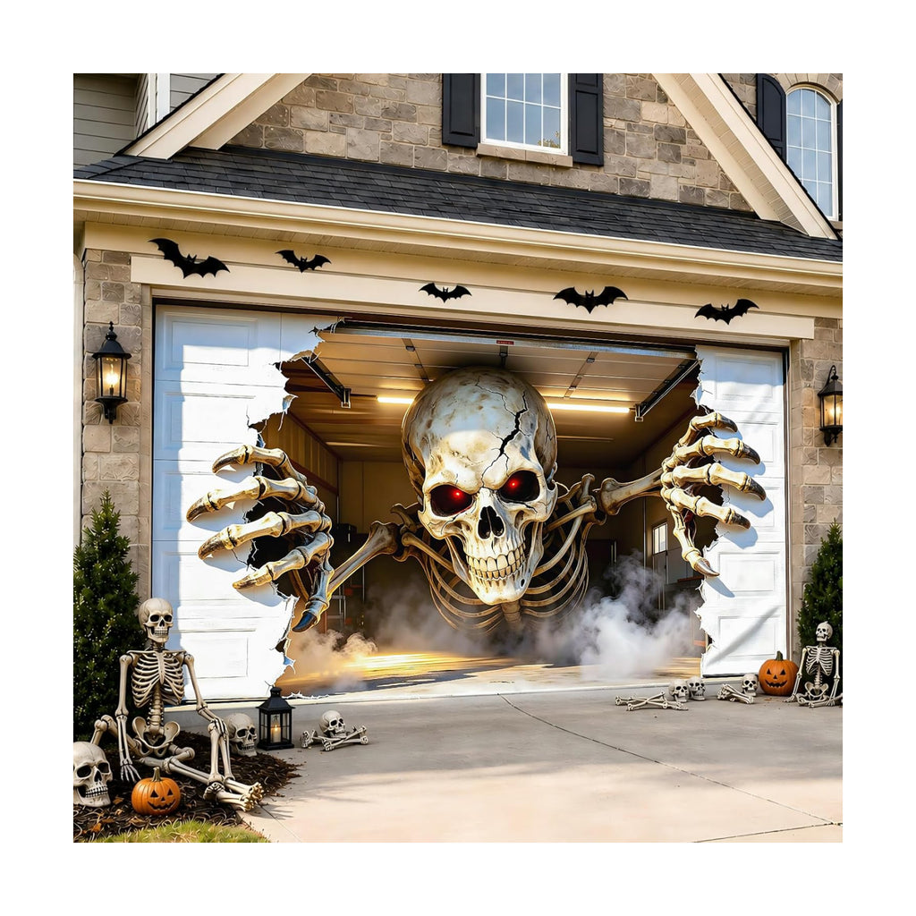 Halloween Garage Door Cover 16x7 FT, Realistic Garage Scene Design