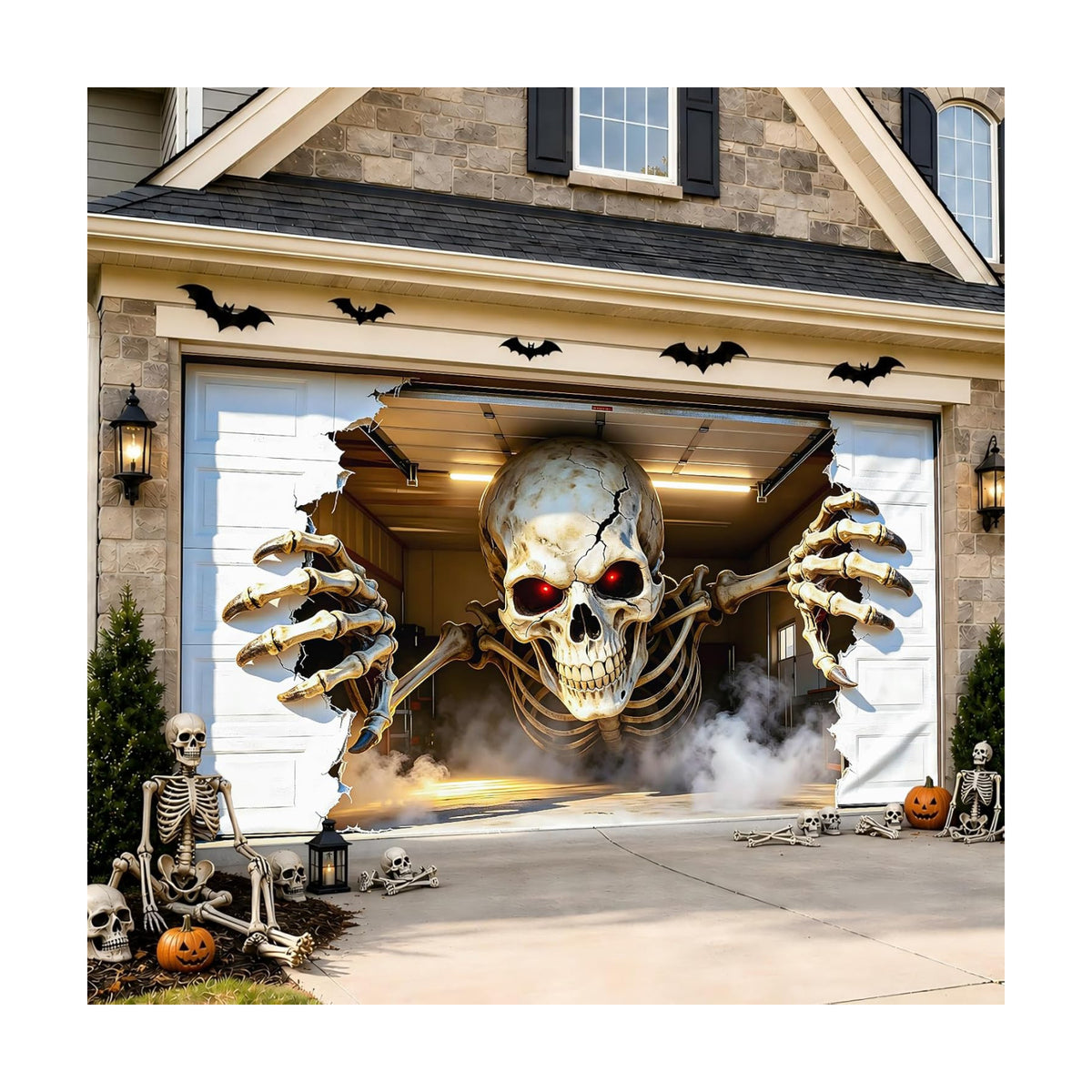 Halloween Garage Door Cover 16x7 FT, Realistic Garage Scene Design