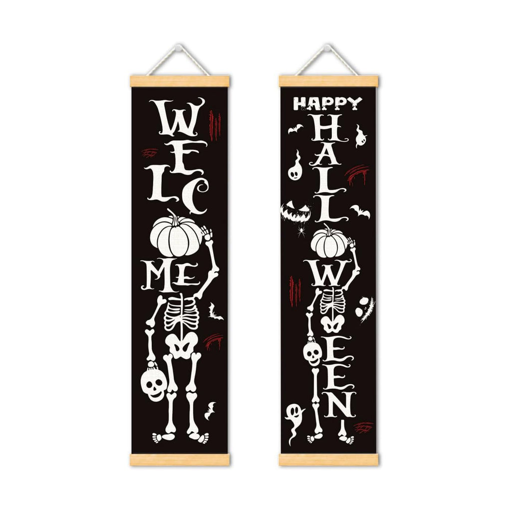 Skeleton Halloween Door Banner Set of 2, Welcome Porch Decor for Home
