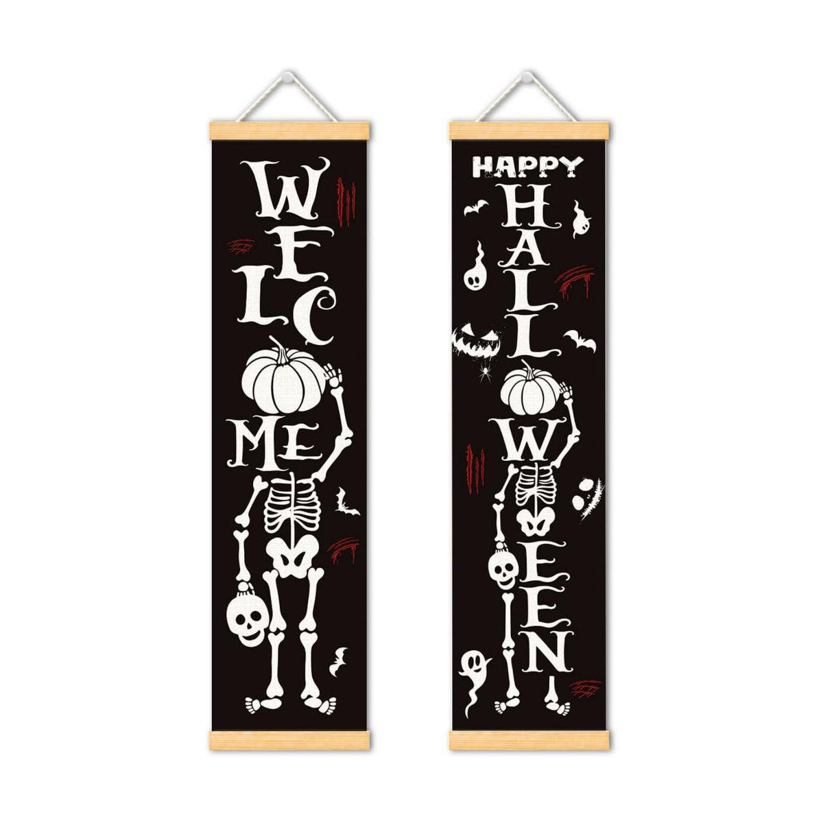 Skeleton Halloween Door Banner Set of 2, Welcome Porch Decor for Home