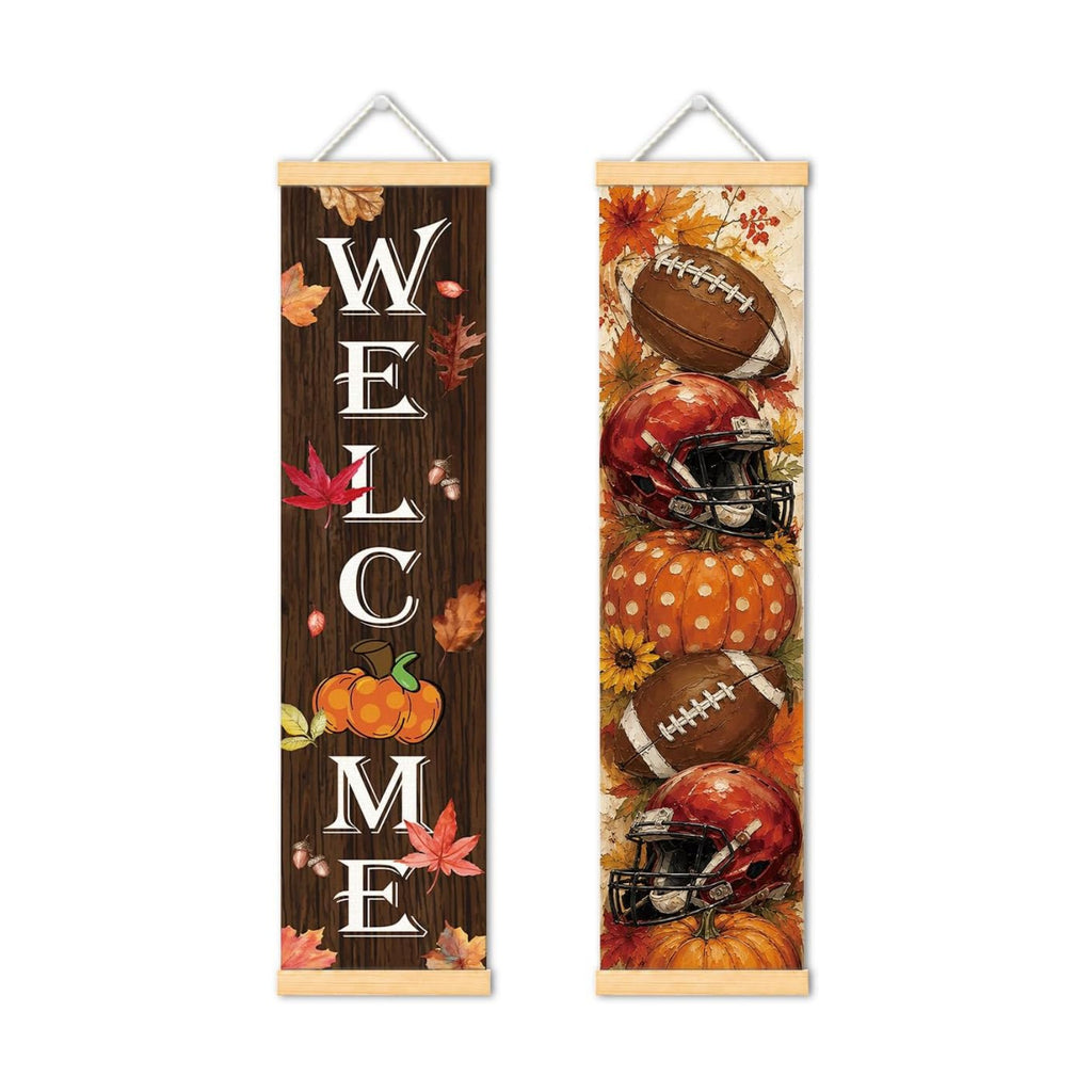 Welcome Fall Door Banner Set of 2, Pumpkin Porch Decor with Football Accent