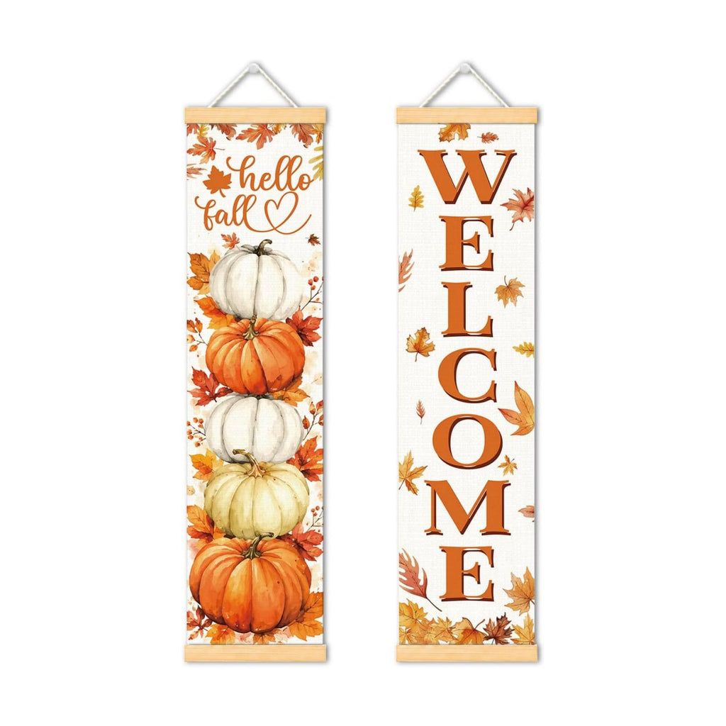 Hello Fall Pumpkin Door Banner Set of 2, Welcome Porch Decor for Home