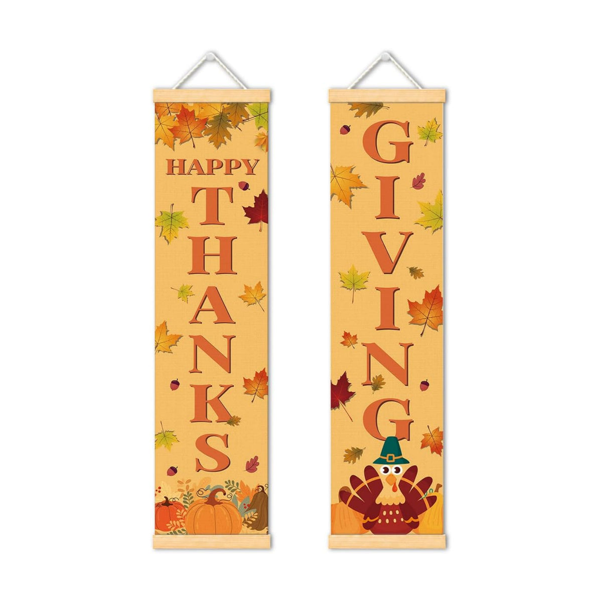 Happy Thanksgiving Door Banner Set of 2, Turkey Leaf Porch Decor for Home