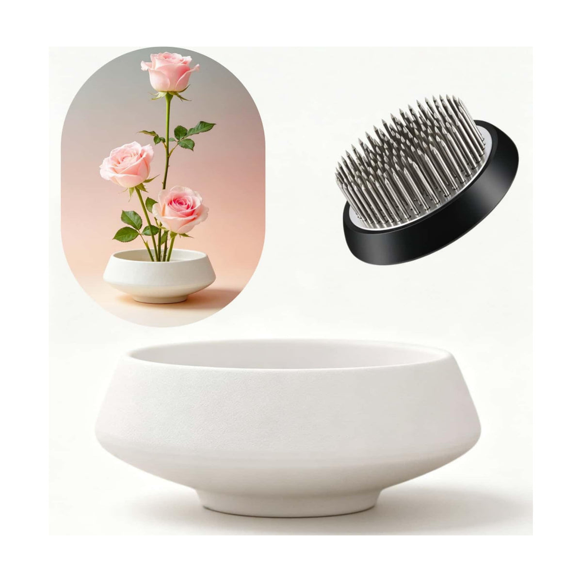 Ikebana vase kit Ceramic Flower Frog Set Kenzan Flower Shallow Bowl Flower Arrangement Kit Zen Decor for Home Office (White Small)