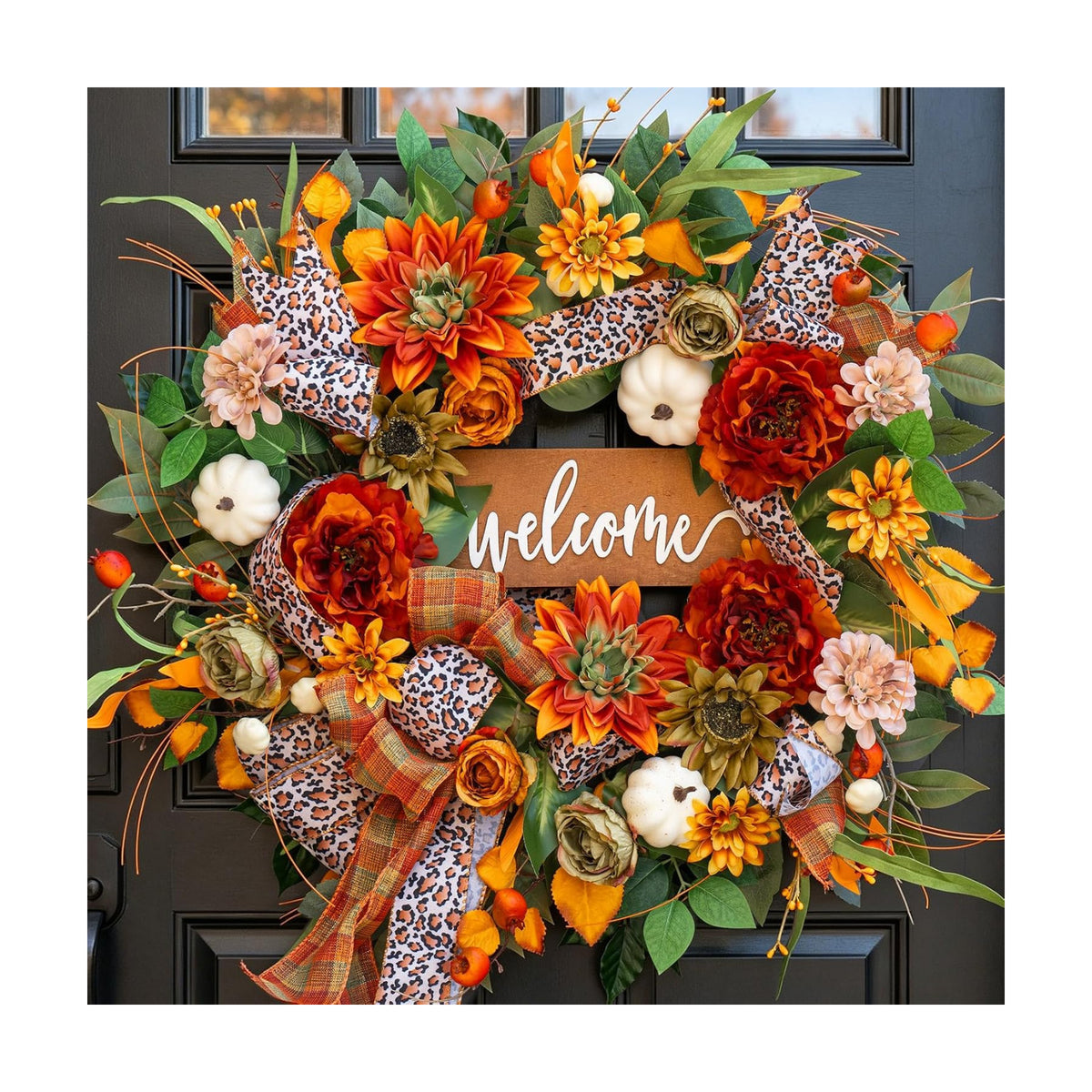 24 Inch Fall Wreaths for Front Door, Autumn Wreath with Welcome Sign