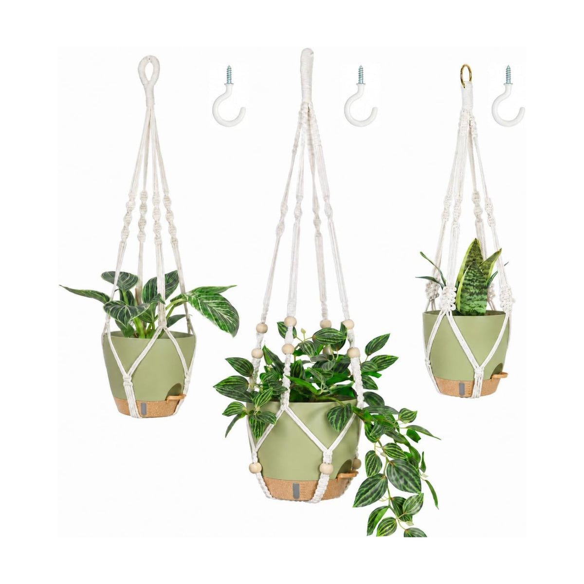 Bouqlife 3 Pack Hanging Planters for Indoor Plants Macrame Plant Hangers with Self Watering Flower Pots, 3 Different Size (Sage Green, Medium)